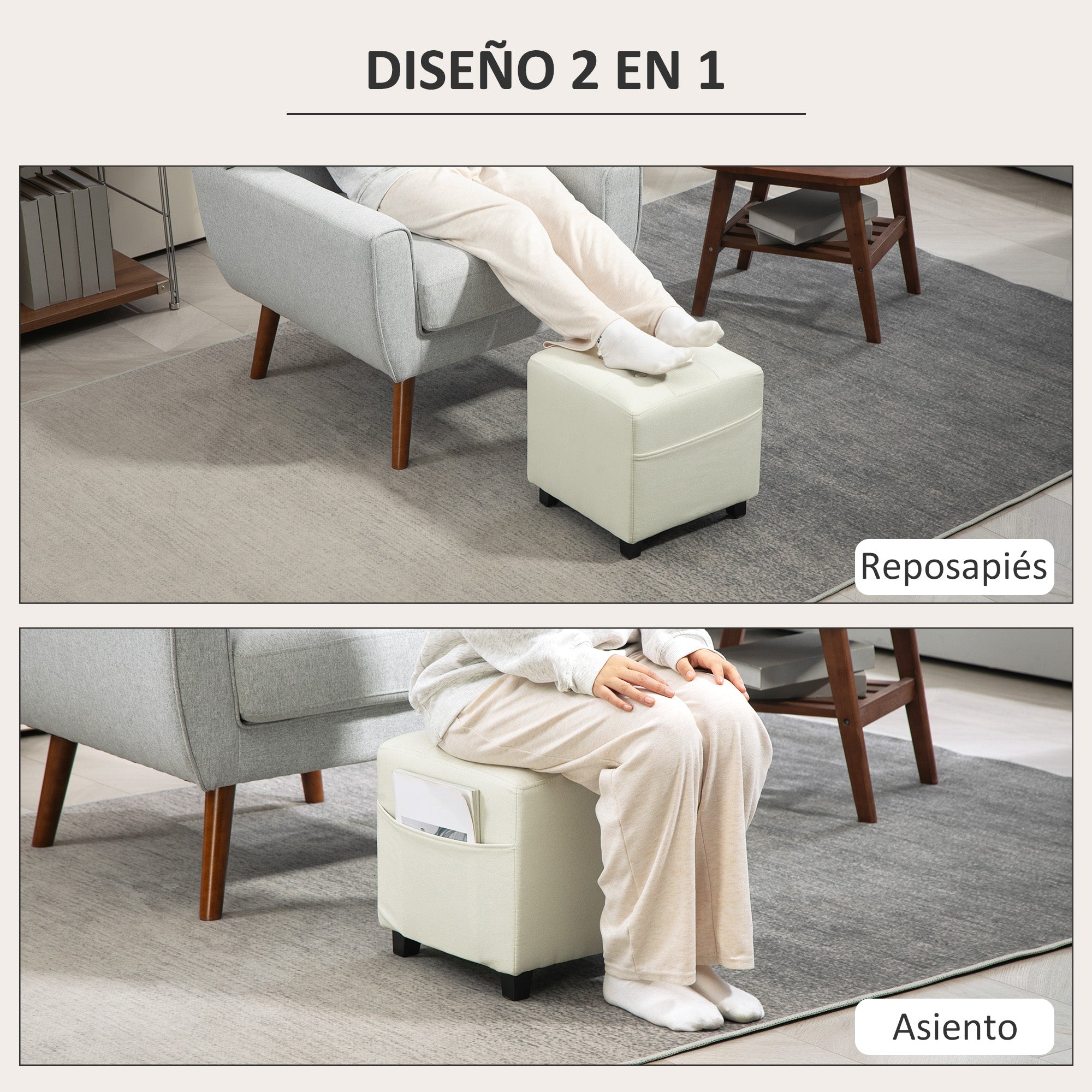 Living Room Footstool Low Stool Upholstered in Linen Square Ottoman with Side Pocket Padded Button-Tufted Top and Rubberwood Frame for Living Room Bedroom Cream