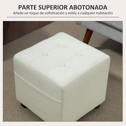 Living Room Footstool Low Stool Upholstered in Linen Square Ottoman with Side Pocket Padded Button-Tufted Top and Rubberwood Frame for Living Room Bedroom Cream