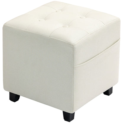Living Room Footstool Low Stool Upholstered in Linen Square Ottoman with Side Pocket Padded Button-Tufted Top and Rubberwood Frame for Living Room Bedroom Cream