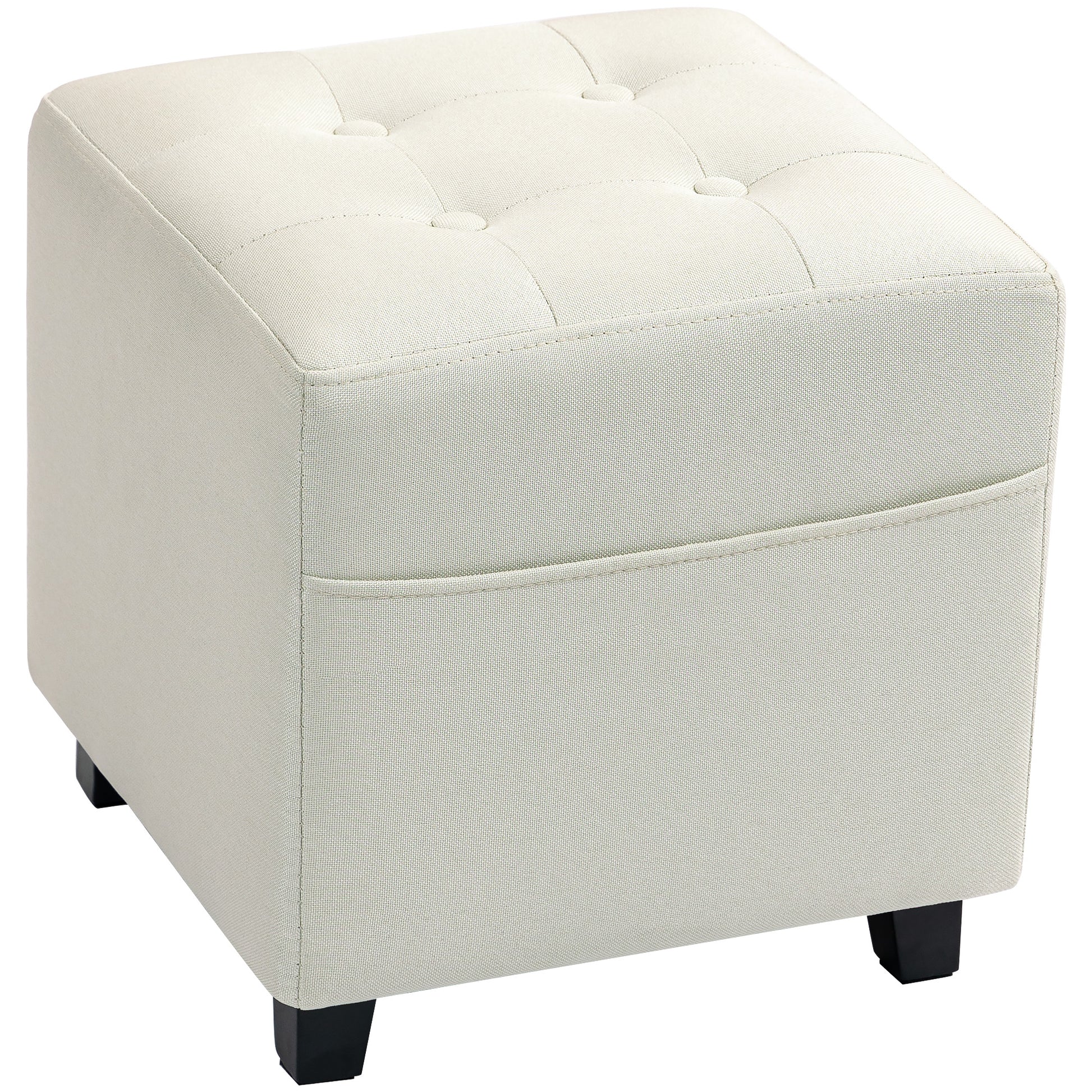 Living Room Footstool Low Stool Upholstered in Linen Square Ottoman with Side Pocket Padded Button-Tufted Top and Rubberwood Frame for Living Room Bedroom Cream