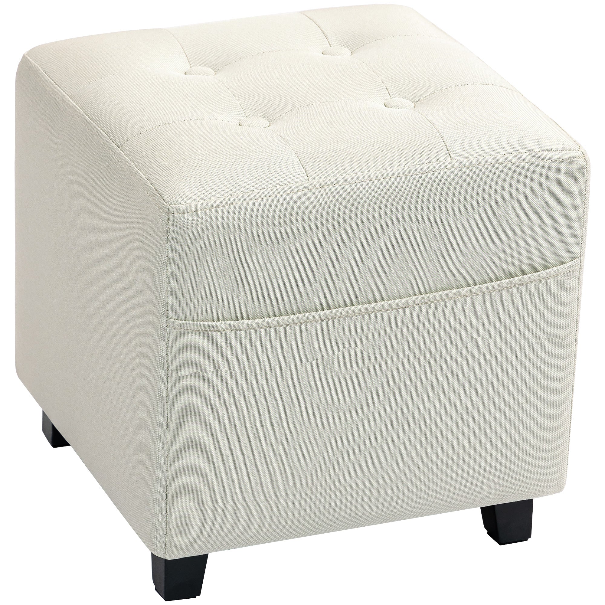 Living Room Footstool Low Stool Upholstered in Linen Square Ottoman with Side Pocket Padded Button-Tufted Top and Rubberwood Frame for Living Room Bedroom Cream