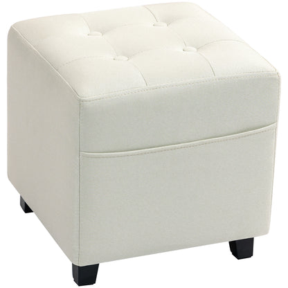 Living Room Footstool Low Stool Upholstered in Linen Square Ottoman with Side Pocket Padded Button-Tufted Top and Rubberwood Frame for Living Room Bedroom Cream