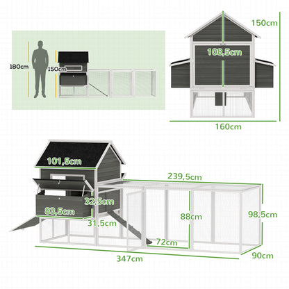Large Outdoor Wooden Chicken Coop with 2 Nesting Boxes, Run, Asphalt Roof, Removable Tray & Ramp — Raised House for 8–10 Hens or Rabbits, 347 x 160 x 150 cm (136.6 x 63.0 x 59.1 in), Dark Gray
