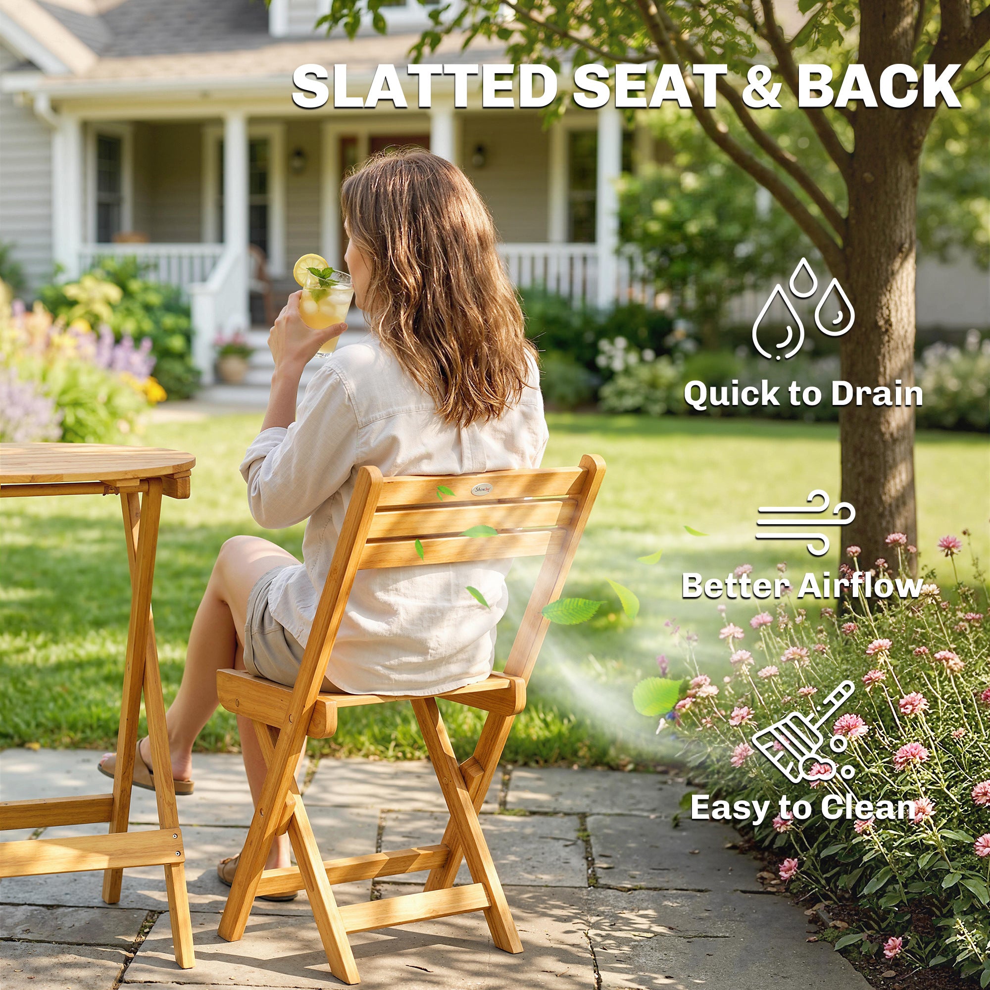 3-Piece Folding Balcony Set — FSC Acacia Wood Round Table & 2 Chairs with Breathable Slatted Seats and Cushions, Natural Wood