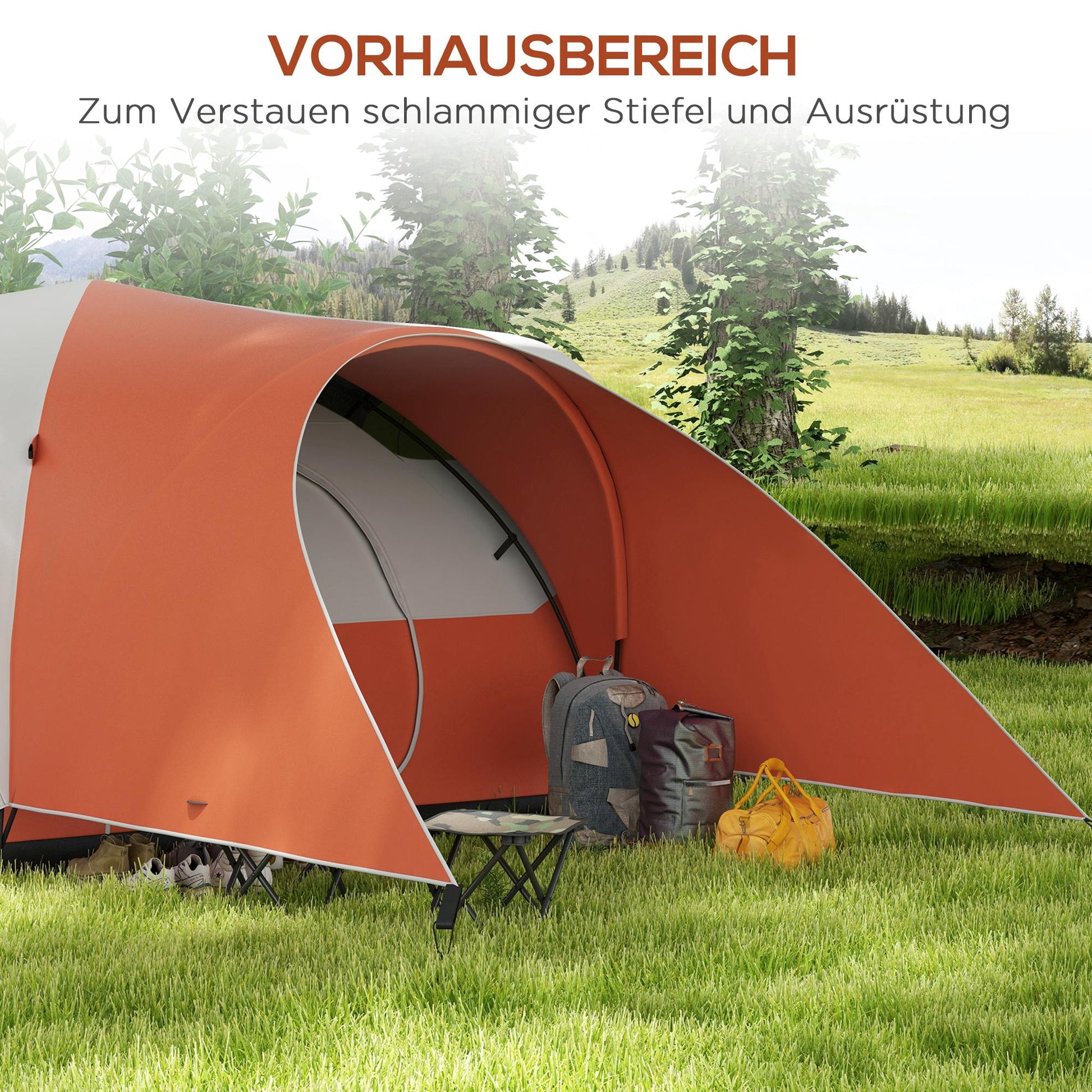 Tunnel Tent, Camping Tent, Water-Resistant Family Tent for 6 People, Festival Tent with Windows, Carrying Bag, for Garden, Patio, Orange