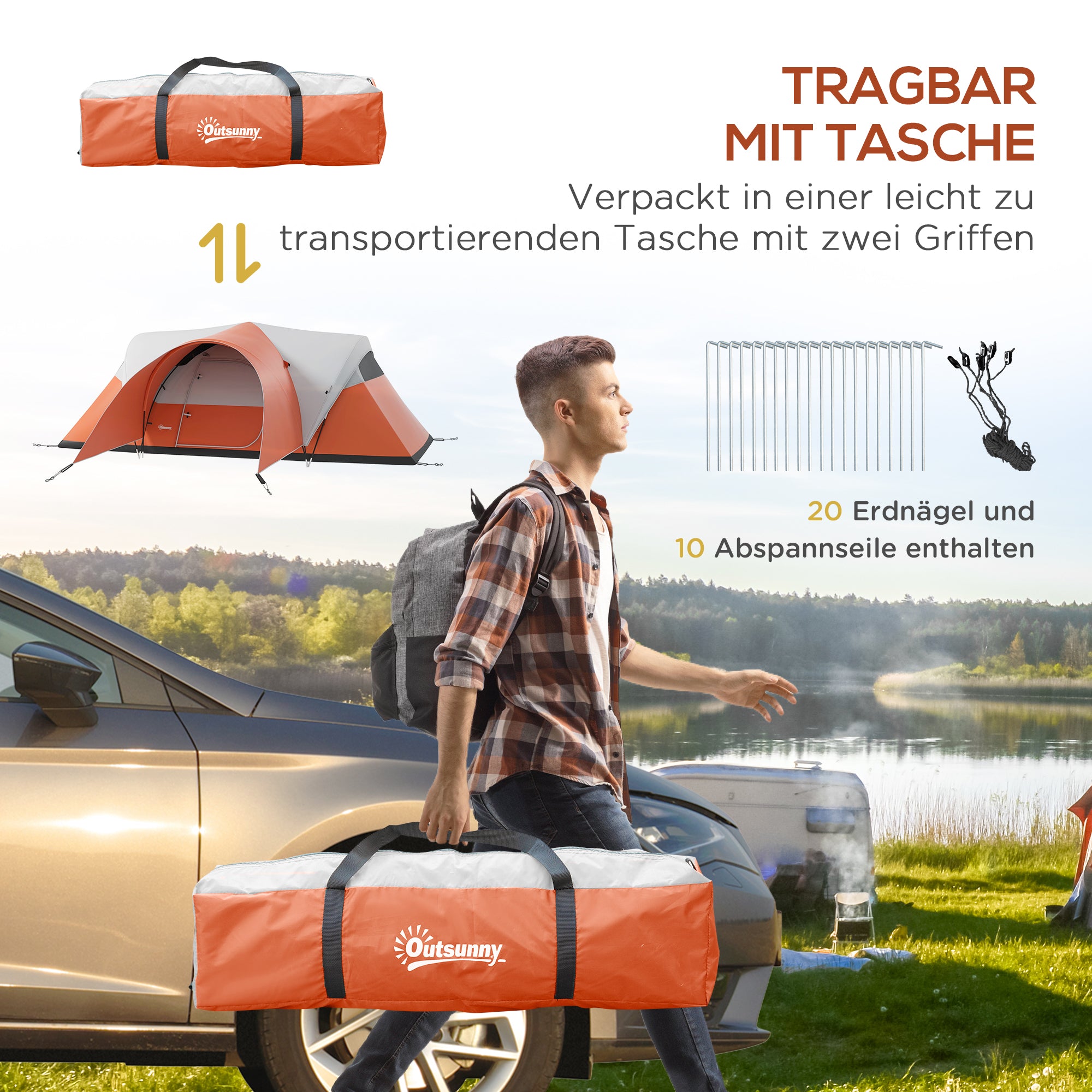 Tunnel Tent, Camping Tent, Water-Resistant Family Tent for 6 People, Festival Tent with Windows, Carrying Bag, for Garden, Patio, Orange