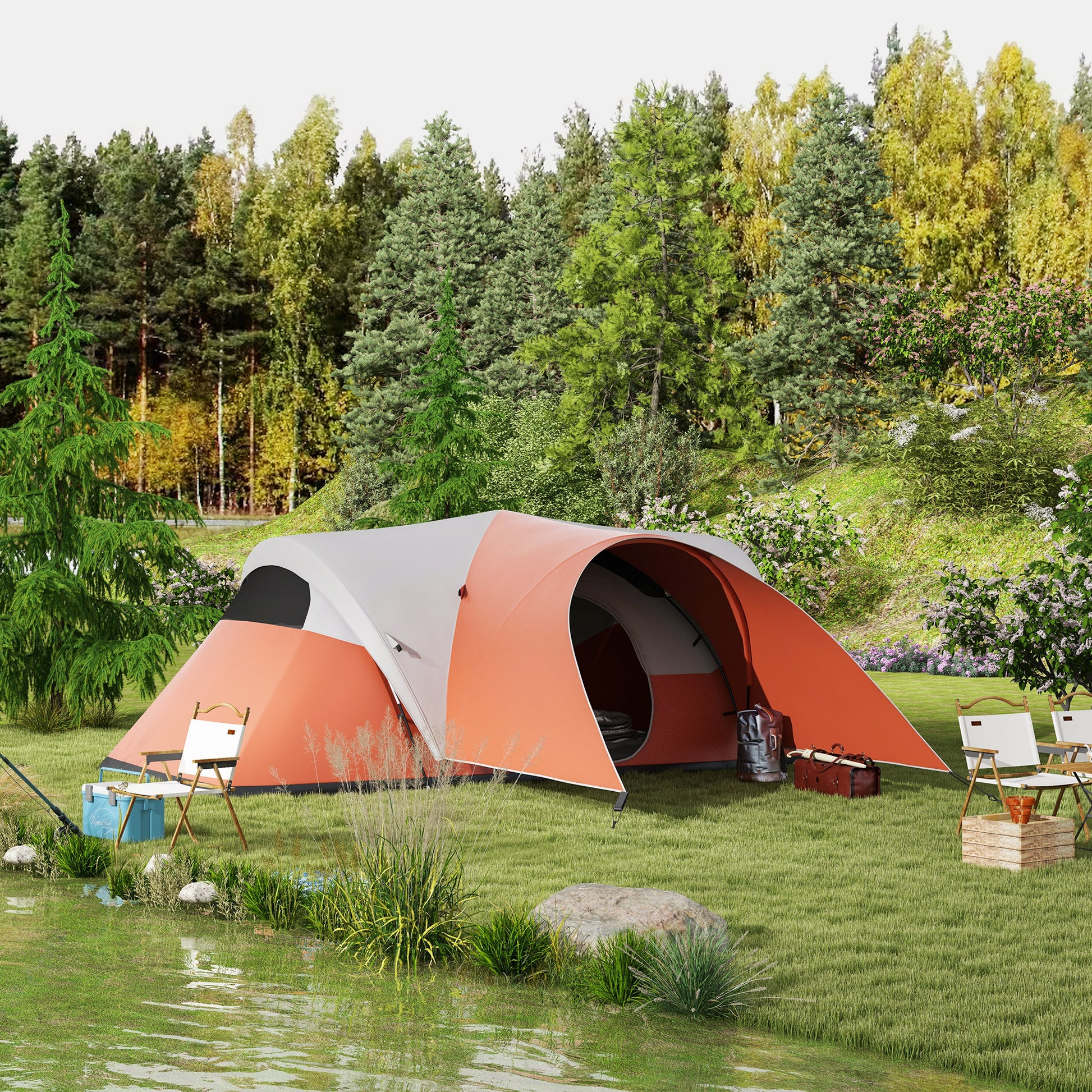 Tunnel Tent, Camping Tent, Water-Resistant Family Tent for 6 People, Festival Tent with Windows, Carrying Bag, for Garden, Patio, Orange
