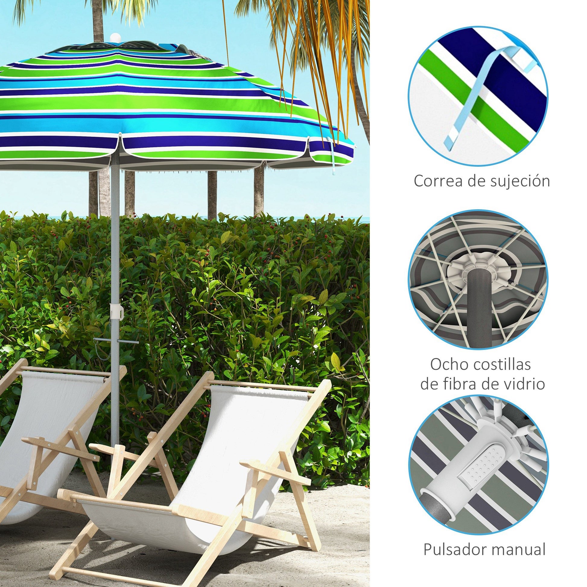 Beach Umbrella Ø178x205 cm Patio Parasol with 45° Tilt Adjustable Height Manual Opening Anti-UV Waterproof and Carry Bag for Garden Pool Multicolor
