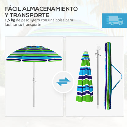 Beach Umbrella Ø178x205 cm Patio Parasol with 45° Tilt Adjustable Height Manual Opening Anti-UV Waterproof and Carry Bag for Garden Pool Multicolor