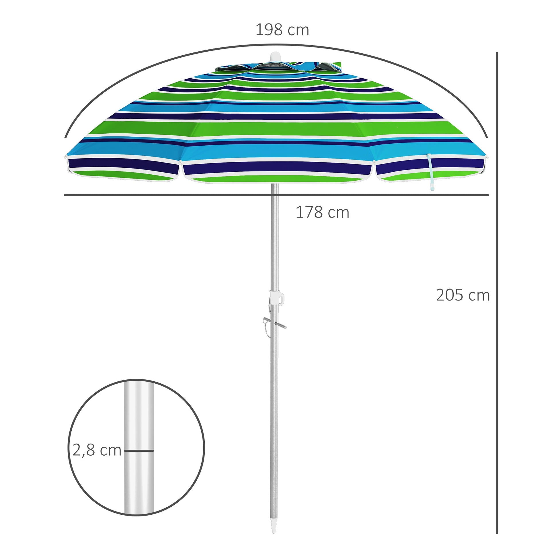Beach Umbrella Ø178x205 cm Patio Parasol with 45° Tilt Adjustable Height Manual Opening Anti-UV Waterproof and Carry Bag for Garden Pool Multicolor