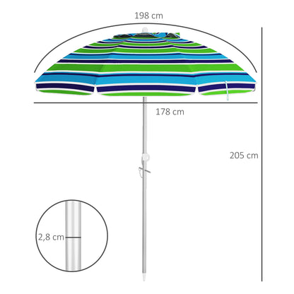 Beach Umbrella Ø178x205 cm Patio Parasol with 45° Tilt Adjustable Height Manual Opening Anti-UV Waterproof and Carry Bag for Garden Pool Multicolor