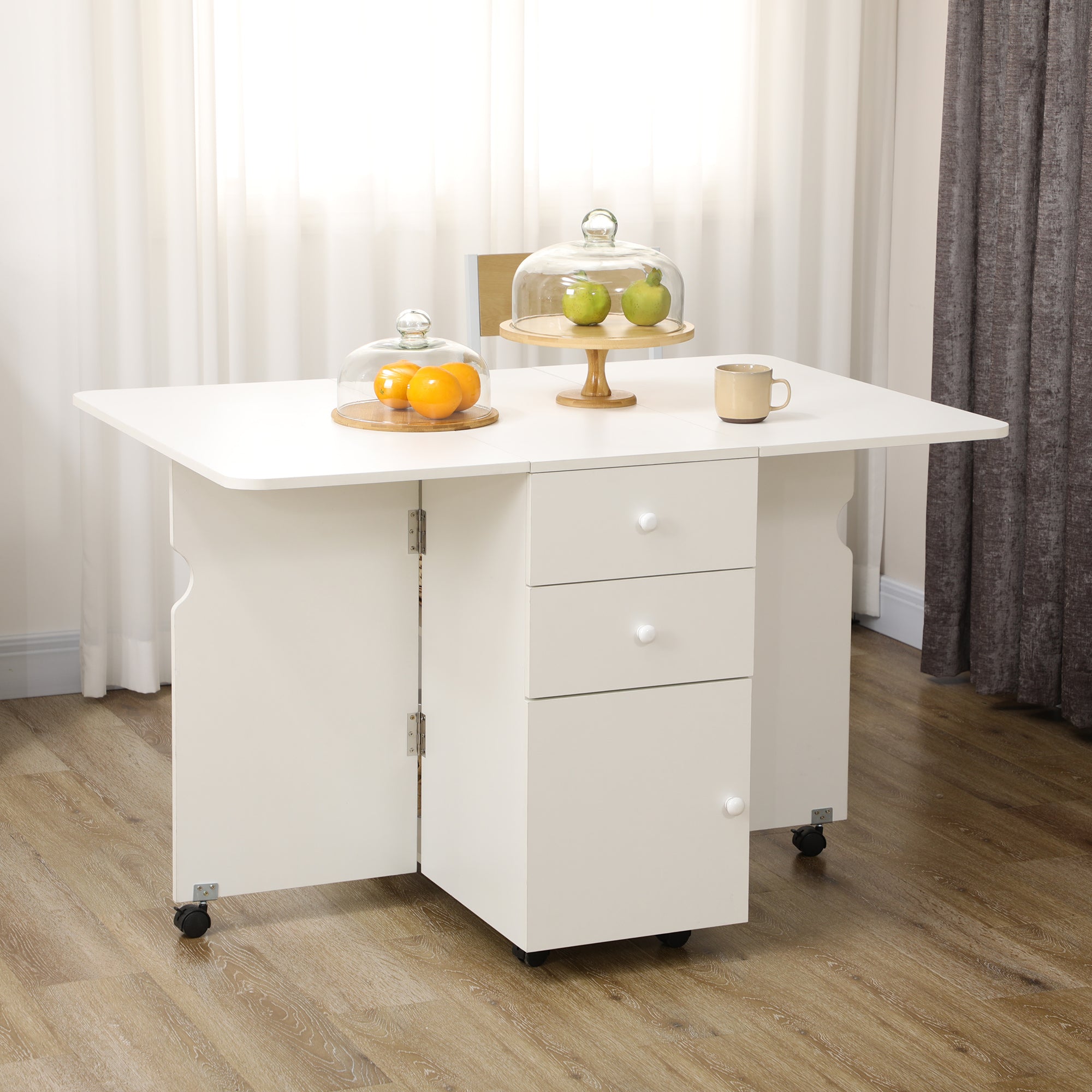 Folding Dining Table Extendable Kitchen Table with Folding Wings 6 Wheels and 2 Storage Drawers Modern Style 120x80x75 cm White
