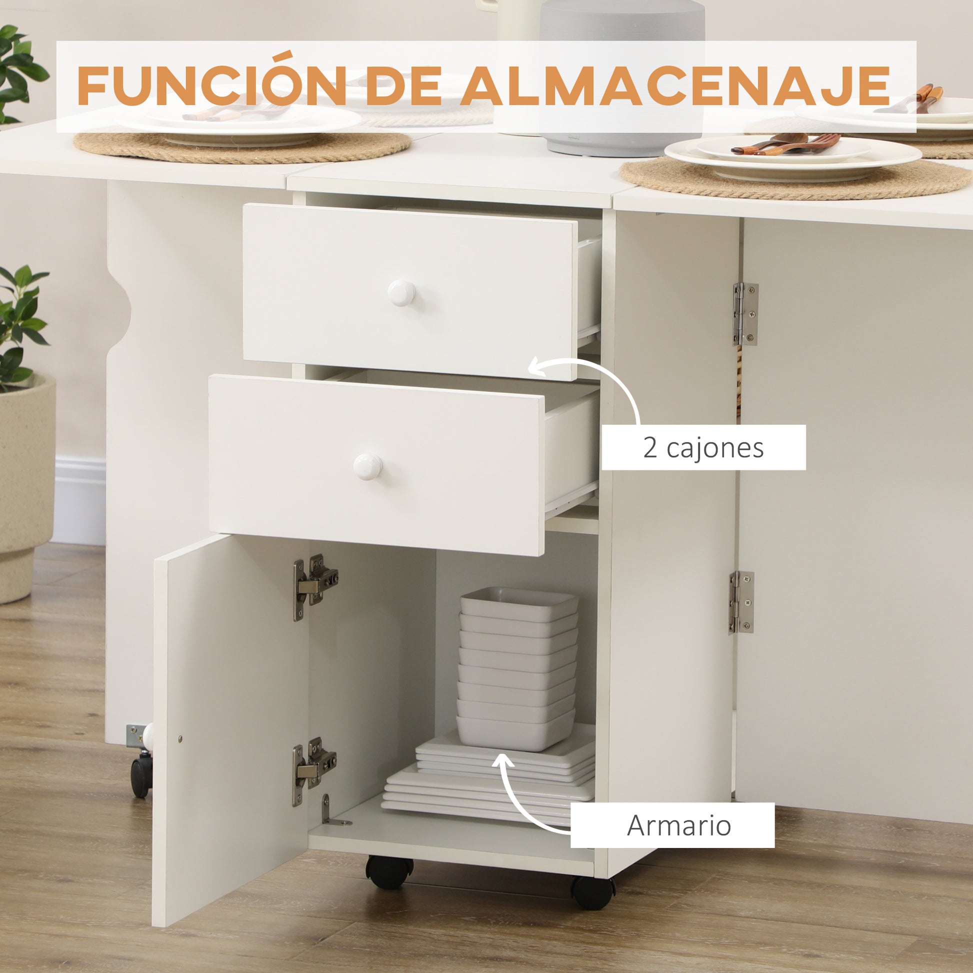 Folding Dining Table Extendable Kitchen Table with Folding Wings 6 Wheels and 2 Storage Drawers Modern Style 120x80x75 cm White