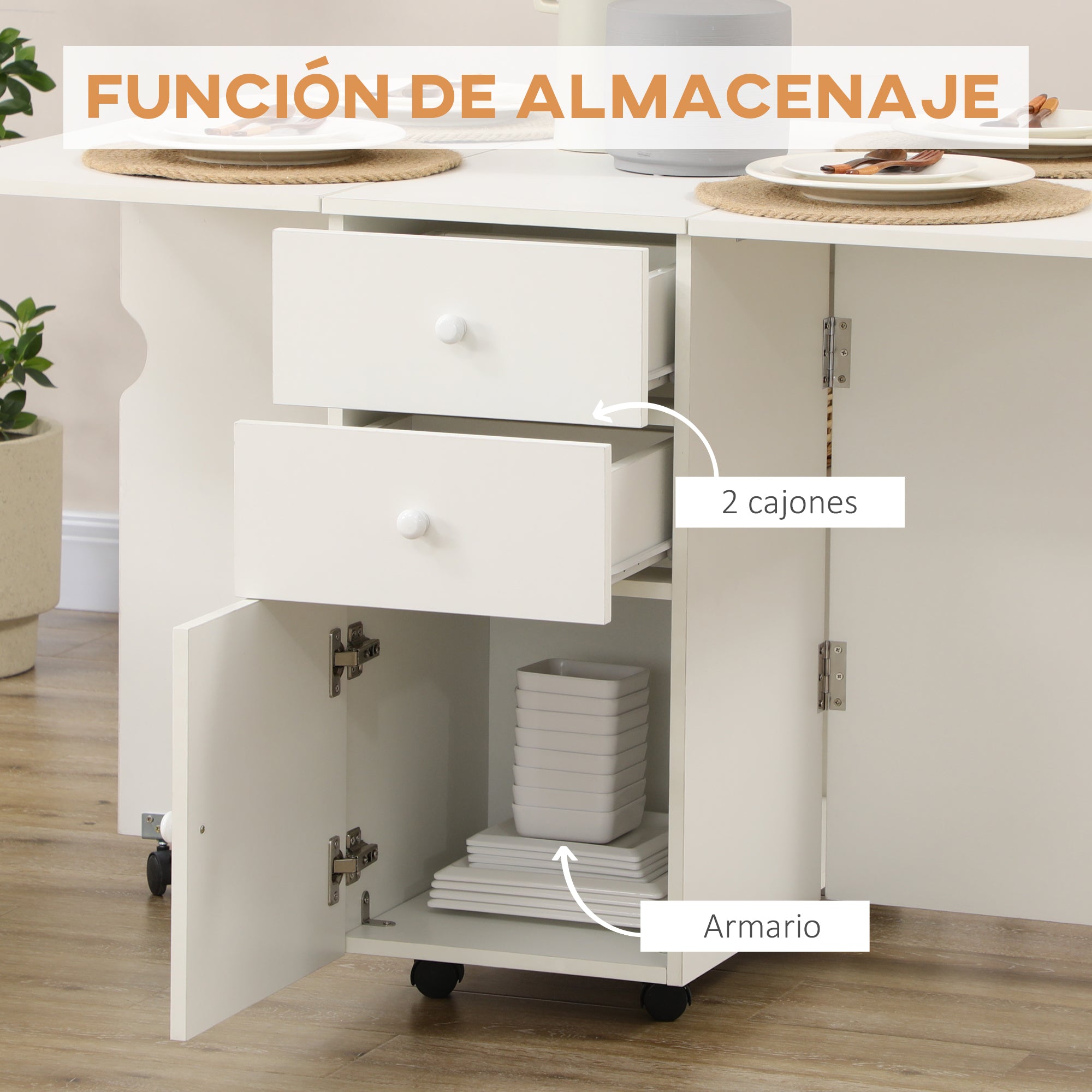 Folding Dining Table Extendable Kitchen Table with Folding Wings 6 Wheels and 2 Storage Drawers Modern Style 120x80x75 cm White
