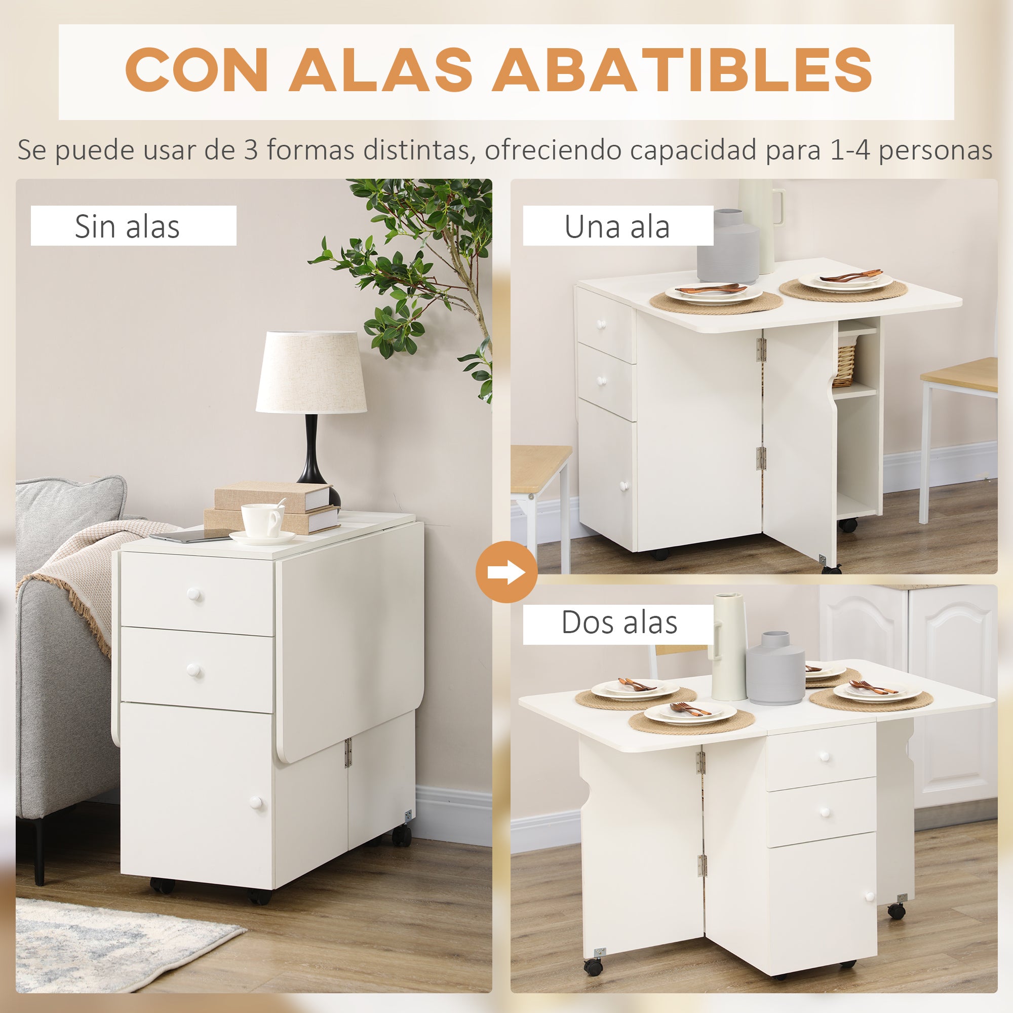 Folding Dining Table Extendable Kitchen Table with Folding Wings 6 Wheels and 2 Storage Drawers Modern Style 120x80x75 cm White