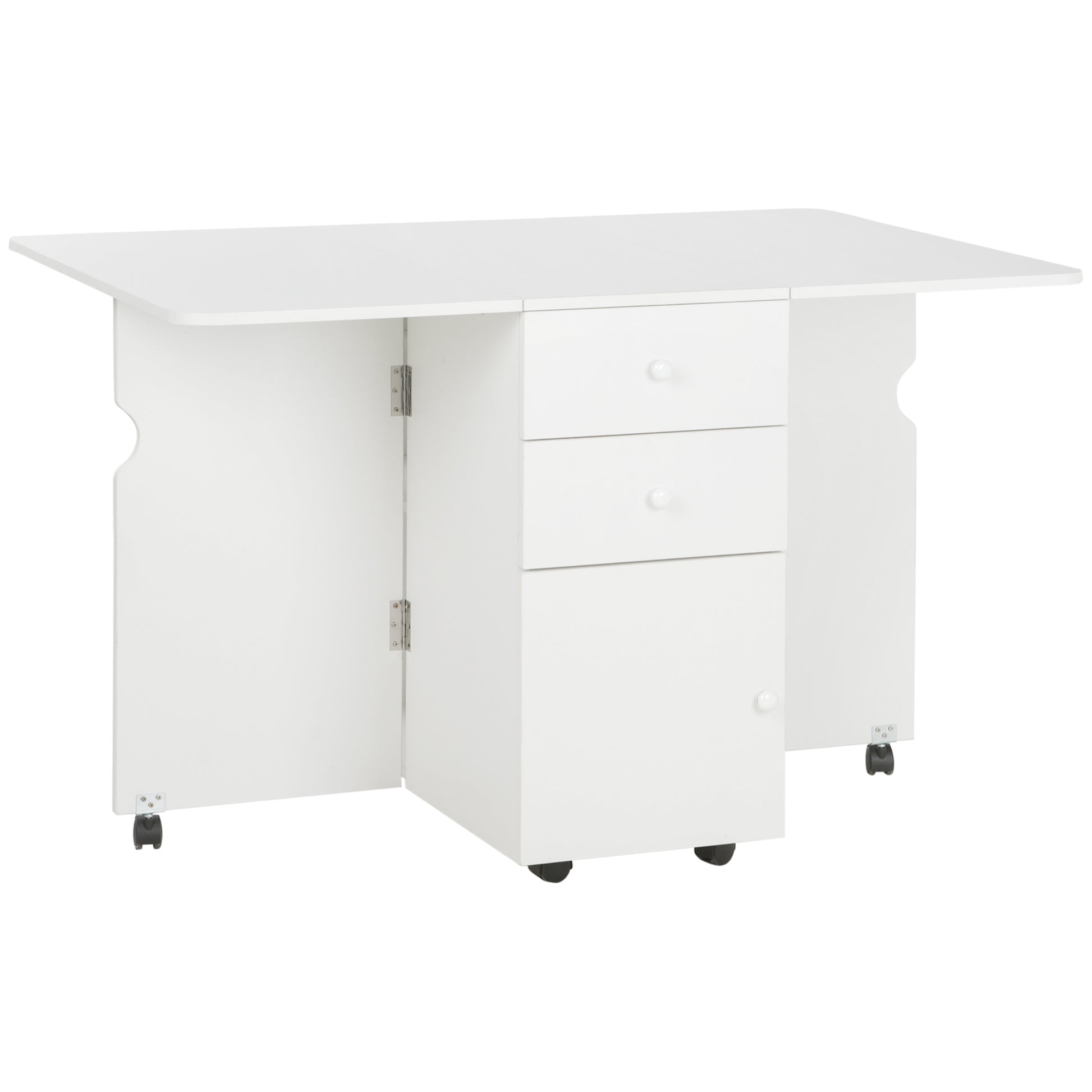 Folding Dining Table Extendable Kitchen Table with Folding Wings 6 Wheels and 2 Storage Drawers Modern Style 120x80x75 cm White