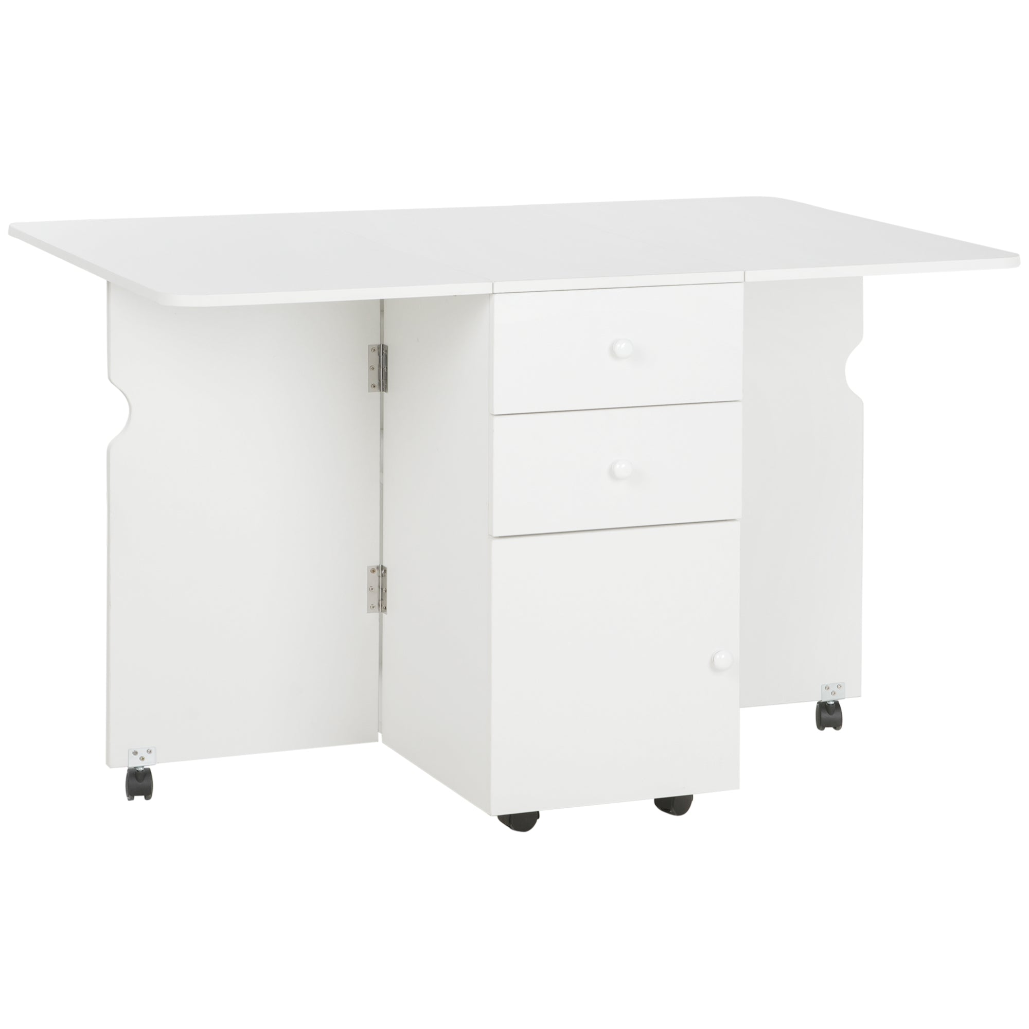 Folding Dining Table Extendable Kitchen Table with Folding Wings 6 Wheels and 2 Storage Drawers Modern Style 120x80x75 cm White