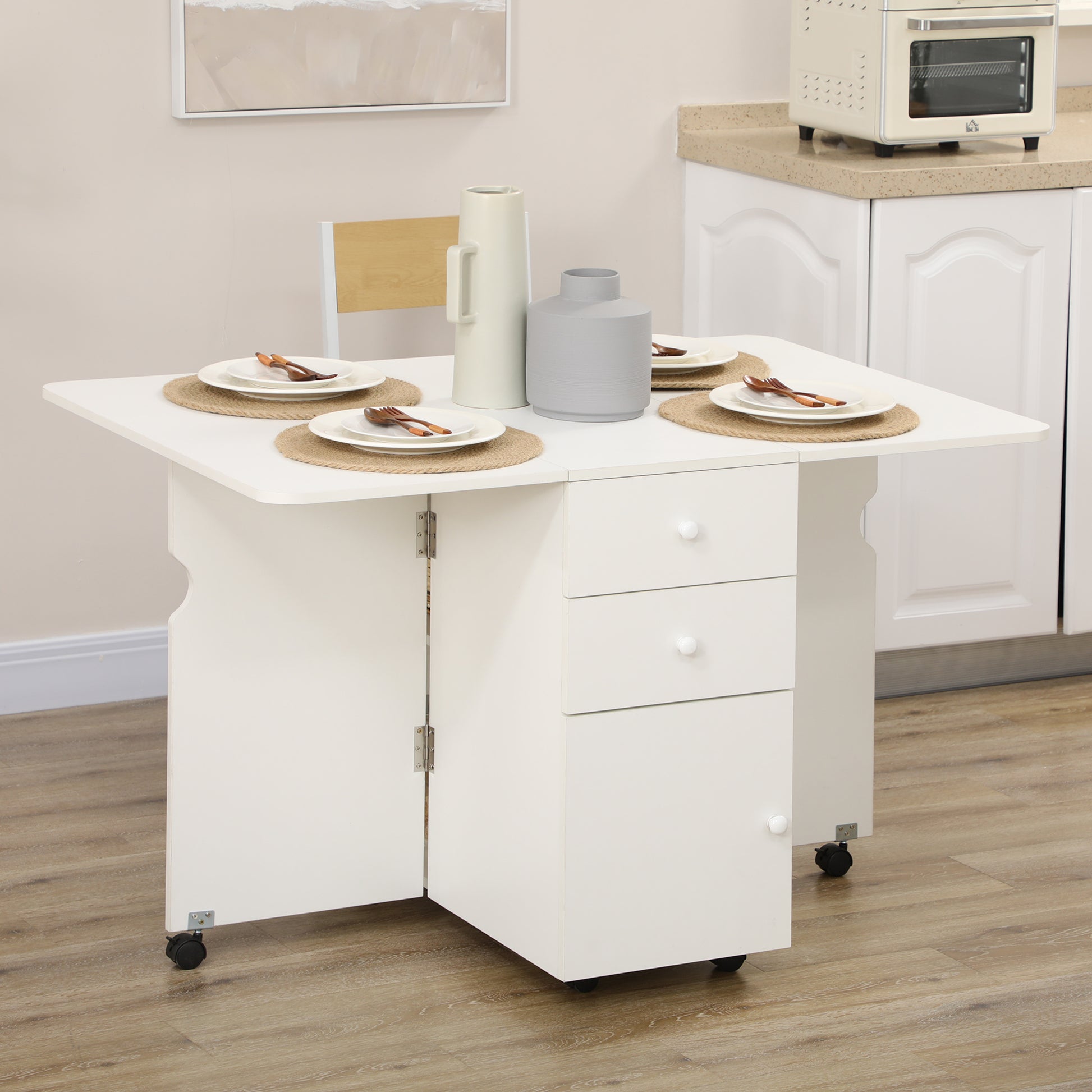 Folding Dining Table Extendable Kitchen Table with Folding Wings 6 Wheels and 2 Storage Drawers Modern Style 120x80x75 cm White