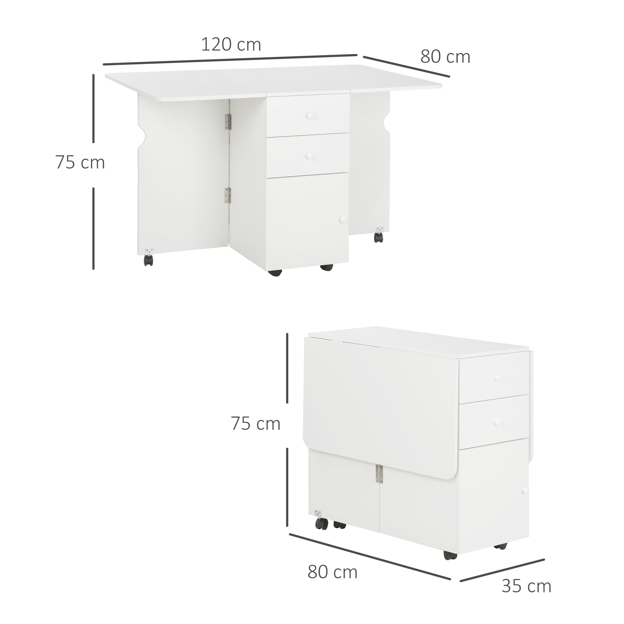 Folding Dining Table Extendable Kitchen Table with Folding Wings 6 Wheels and 2 Storage Drawers Modern Style 120x80x75 cm White