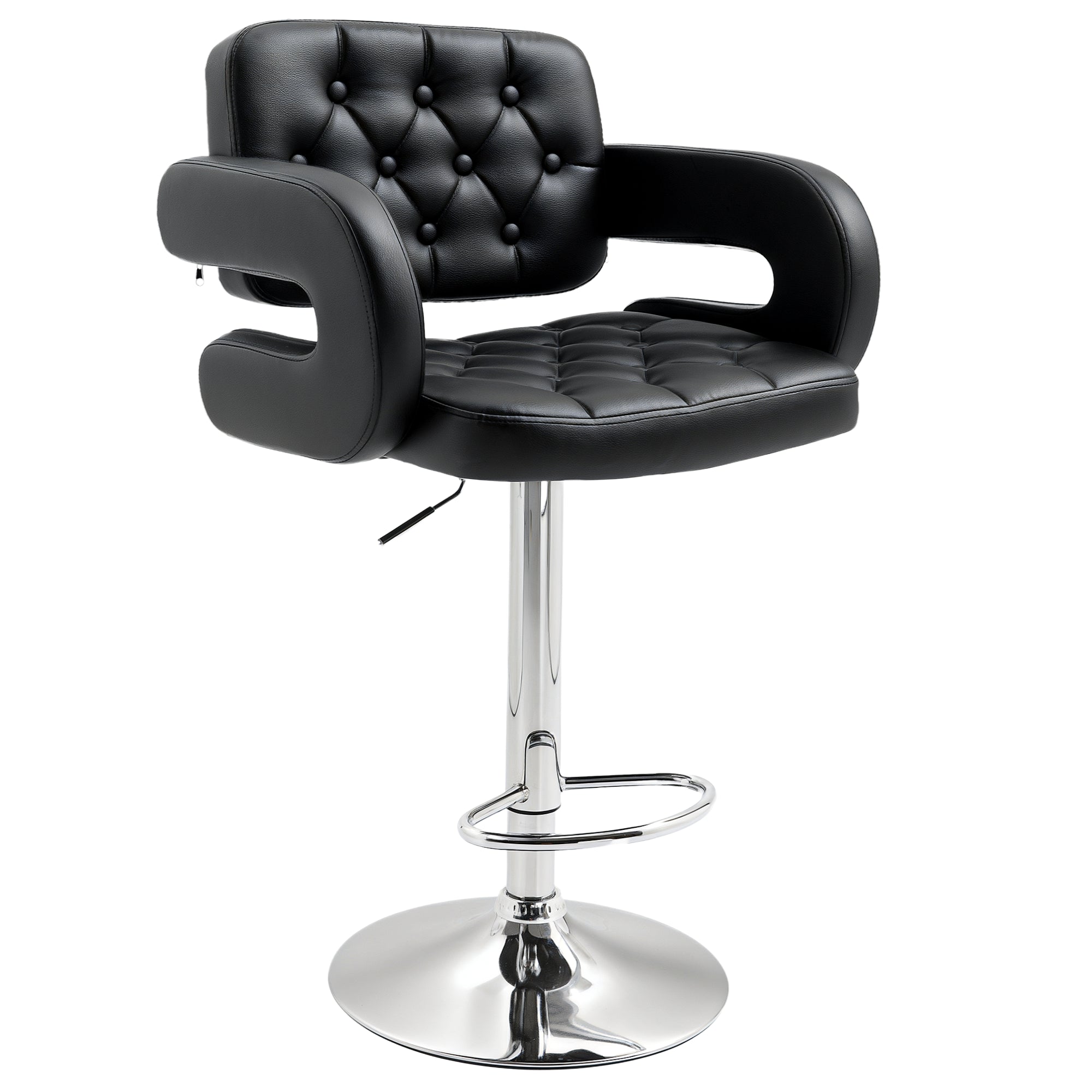 High Bar Stool with Backrest and Armrests, Modern Swivel Kitchen Stool with Adjustable Height and Footrest, in Faux Leather, 61x50x94-114cm, Black