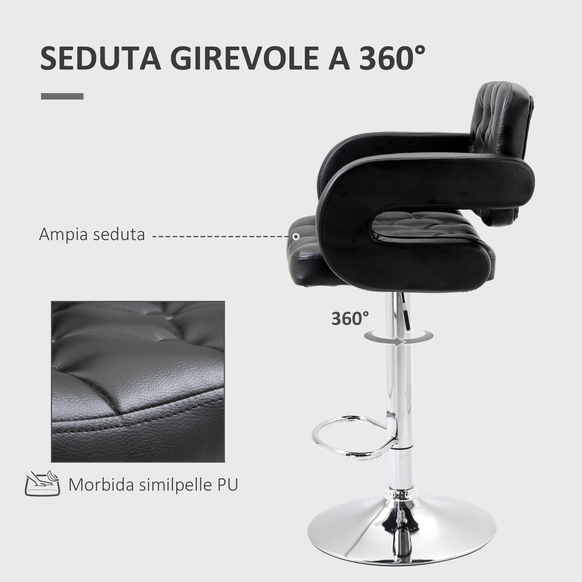 High Bar Stool with Backrest and Armrests, Modern Swivel Kitchen Stool with Adjustable Height and Footrest, in Faux Leather, 61x50x94-114cm, Black