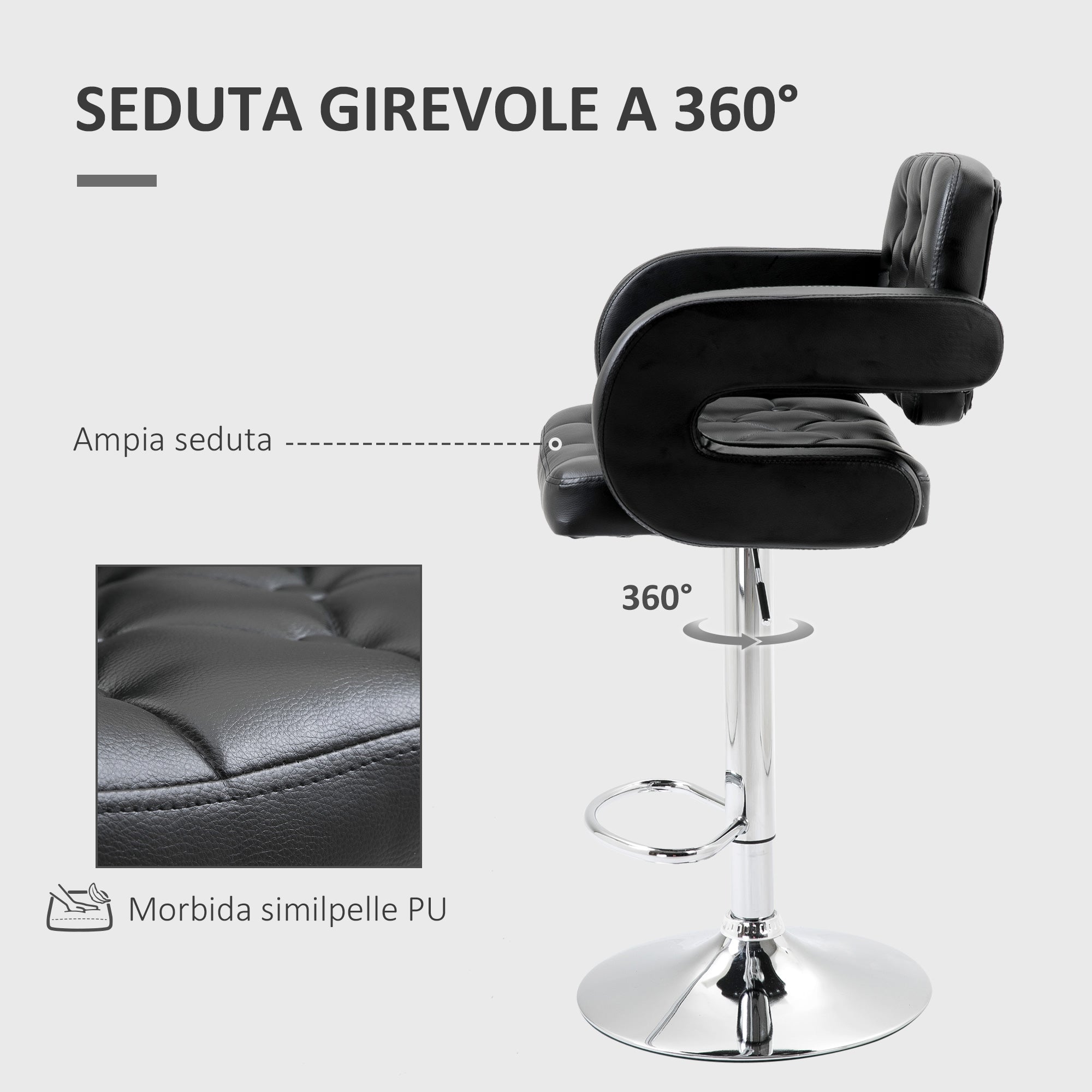 High Bar Stool with Backrest and Armrests, Modern Swivel Kitchen Stool with Adjustable Height and Footrest, in Faux Leather, 61x50x94-114cm, Black