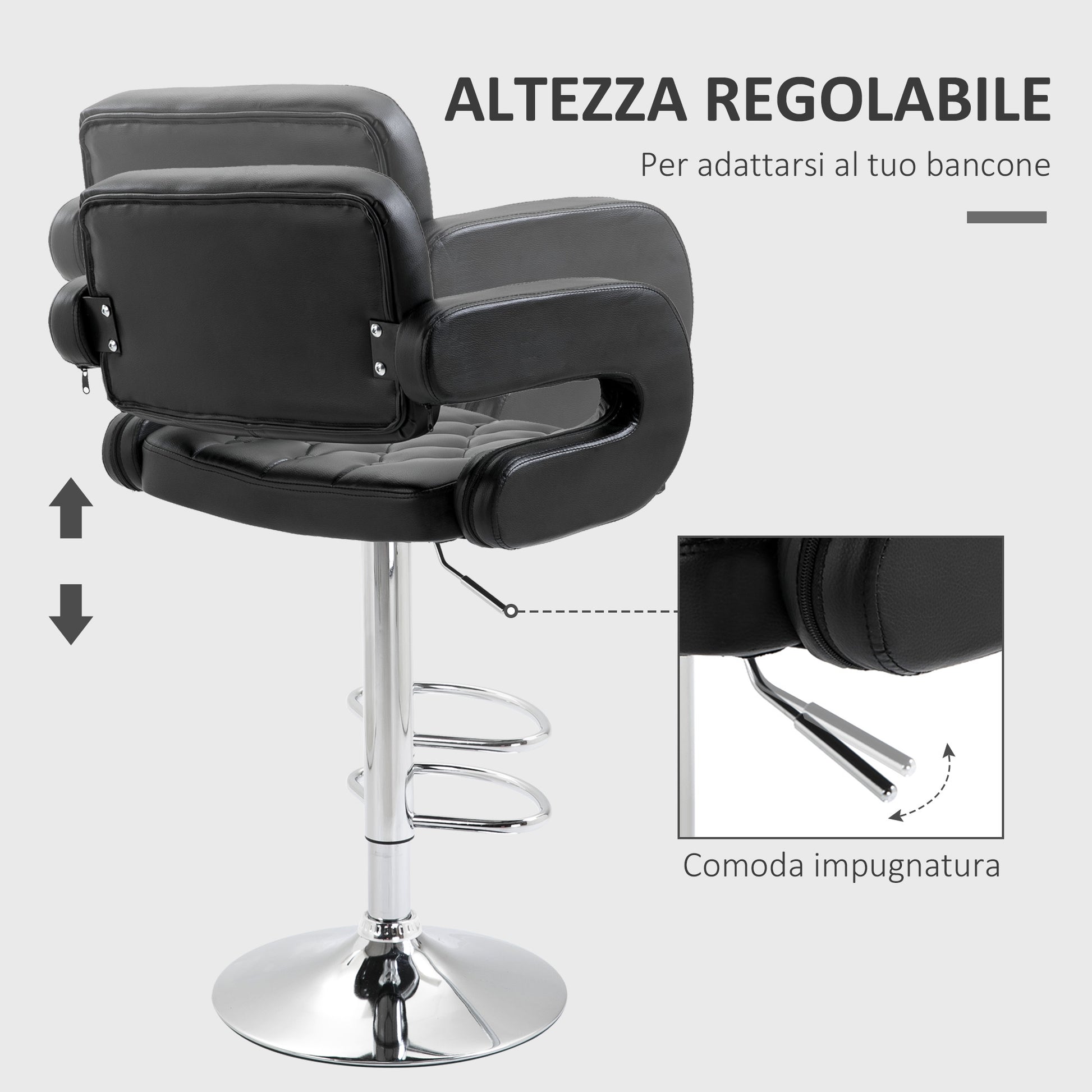High Bar Stool with Backrest and Armrests, Modern Swivel Kitchen Stool with Adjustable Height and Footrest, in Faux Leather, 61x50x94-114cm, Black