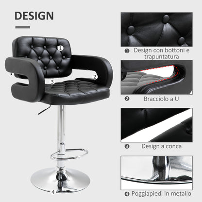 High Bar Stool with Backrest and Armrests, Modern Swivel Kitchen Stool with Adjustable Height and Footrest, in Faux Leather, 61x50x94-114cm, Black