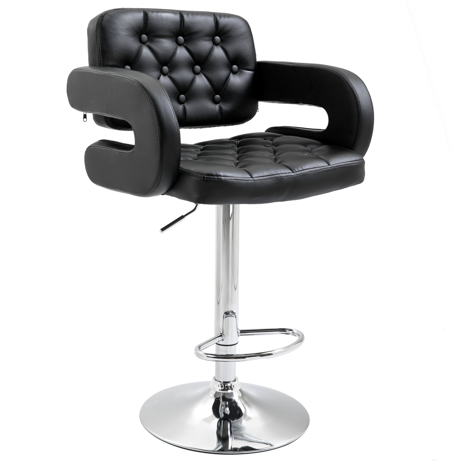 High Bar Stool with Backrest and Armrests, Modern Swivel Kitchen Stool with Adjustable Height and Footrest, in Faux Leather, 61x50x94-114cm, Black
