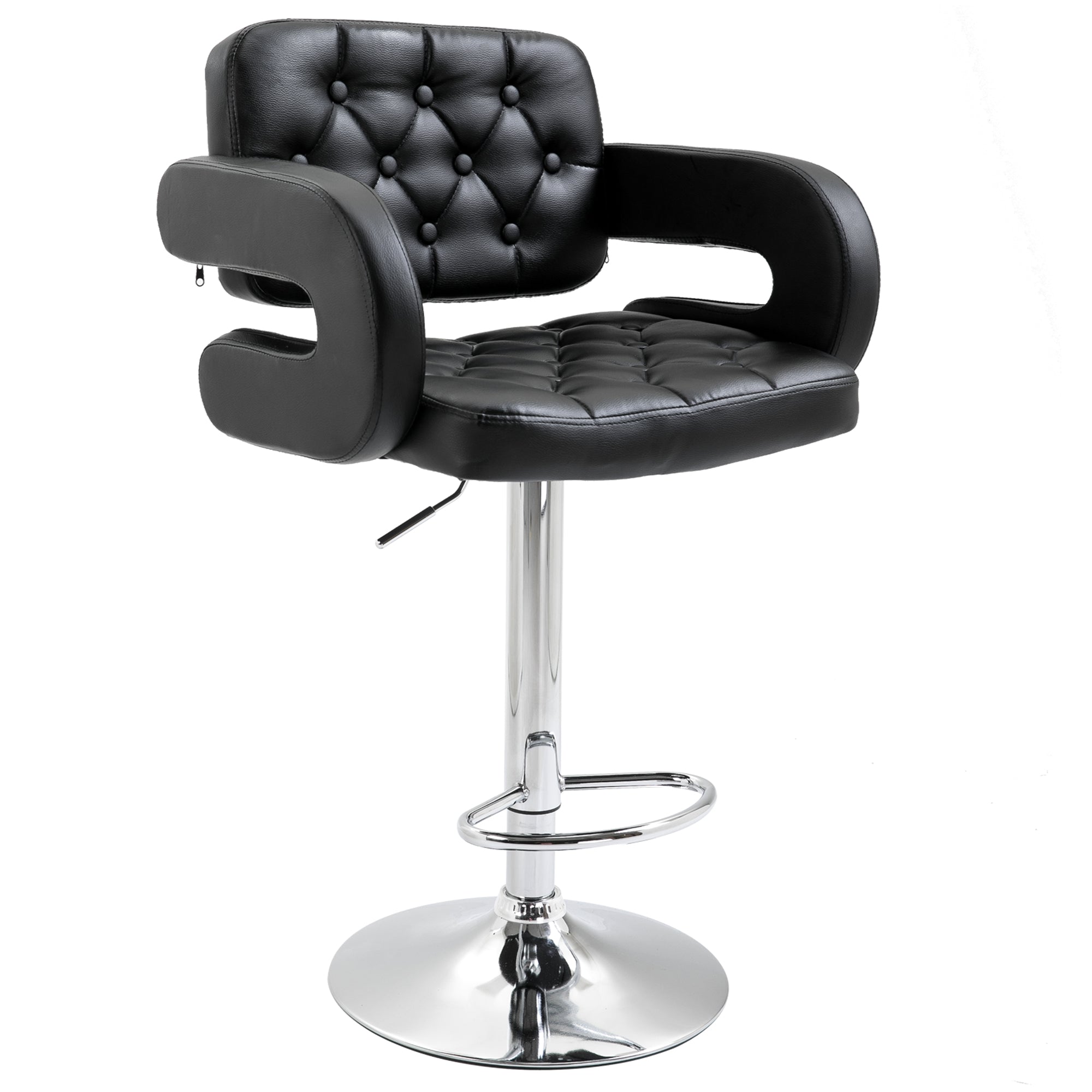High Bar Stool with Backrest and Armrests, Modern Swivel Kitchen Stool with Adjustable Height and Footrest, in Faux Leather, 61x50x94-114cm, Black