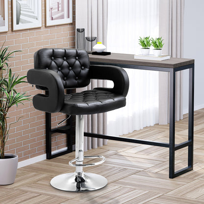 High Bar Stool with Backrest and Armrests, Modern Swivel Kitchen Stool with Adjustable Height and Footrest, in Faux Leather, 61x50x94-114cm, Black