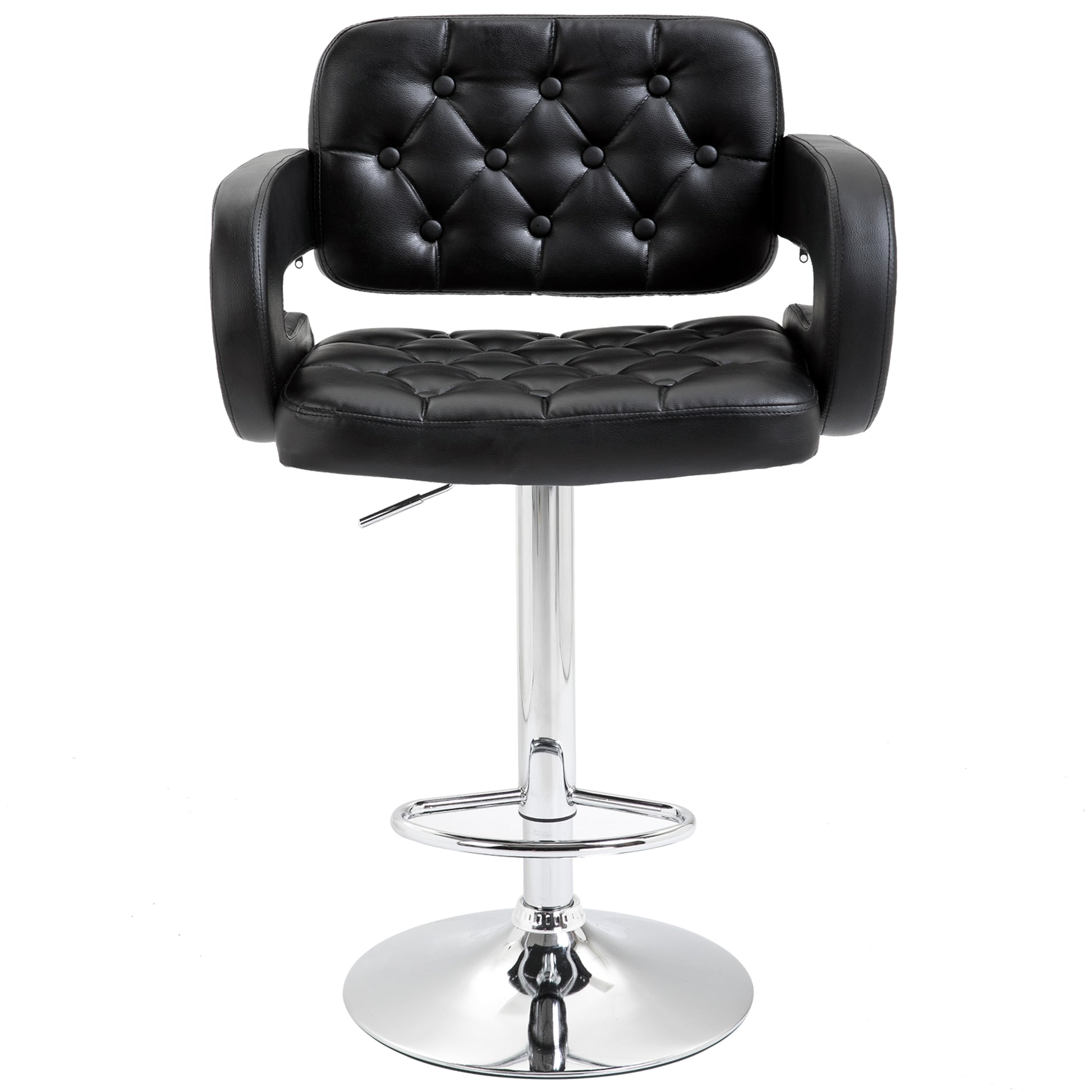 High Bar Stool with Backrest and Armrests, Modern Swivel Kitchen Stool with Adjustable Height and Footrest, in Faux Leather, 61x50x94-114cm, Black