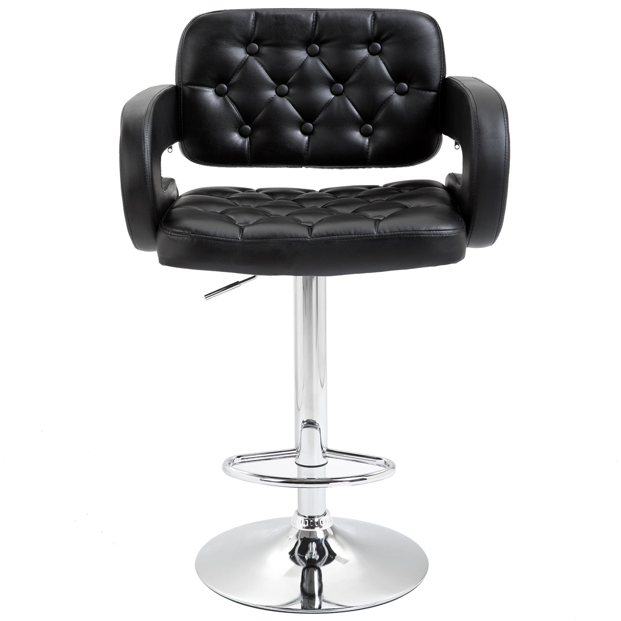 High Bar Stool with Backrest and Armrests, Modern Swivel Kitchen Stool with Adjustable Height and Footrest, in Faux Leather, 61x50x94-114cm, Black