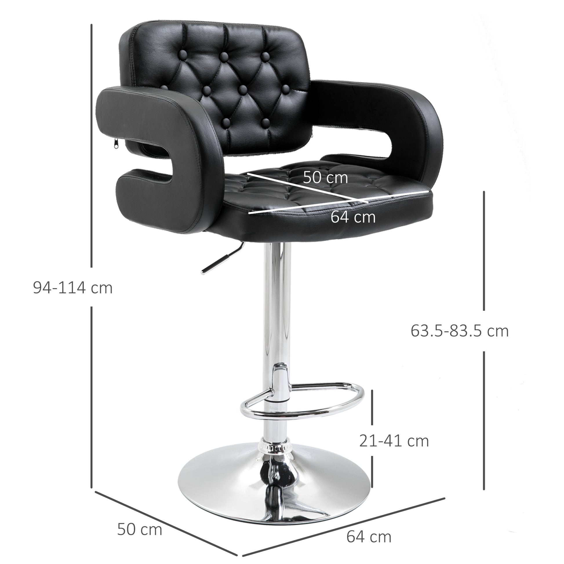 High Bar Stool with Backrest and Armrests, Modern Swivel Kitchen Stool with Adjustable Height and Footrest, in Faux Leather, 61x50x94-114cm, Black