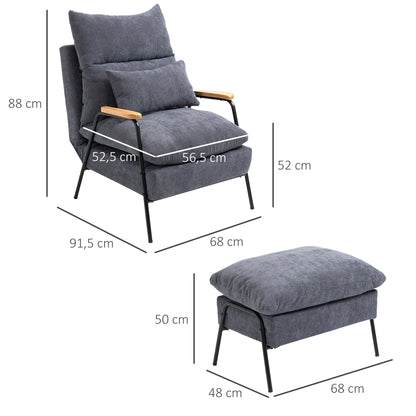 Relax Armchair with Footstool Chair with Adjustable Backrest, Reclining Function, Cushion, Modern Lounge Chair Upholstered with Cord Fabric for Living Room Up to 180 kg Load Capacity, Gray