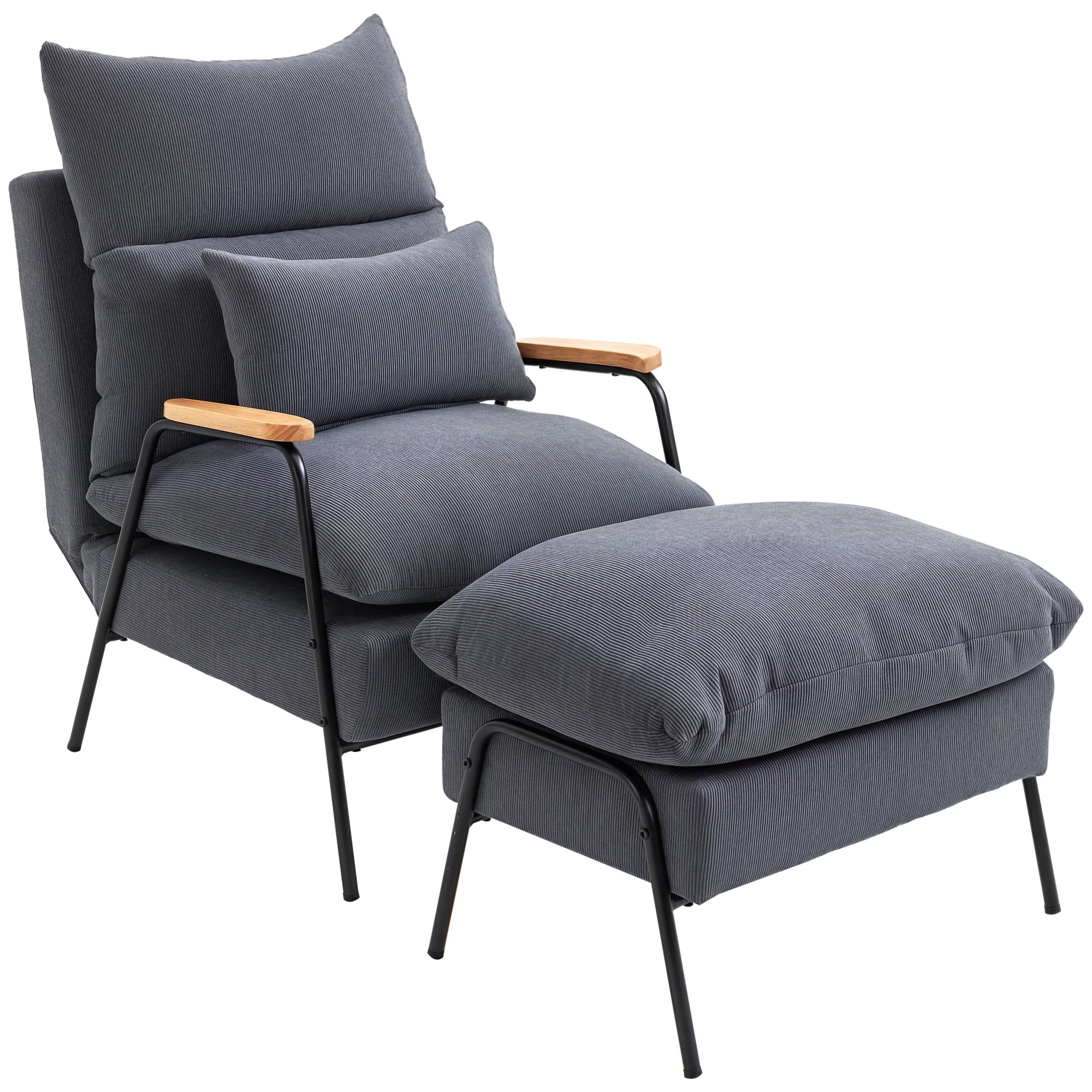 Relax Armchair with Footstool Chair with Adjustable Backrest, Reclining Function, Cushion, Modern Lounge Chair Upholstered with Cord Fabric for Living Room Up to 180 kg Load Capacity, Gray