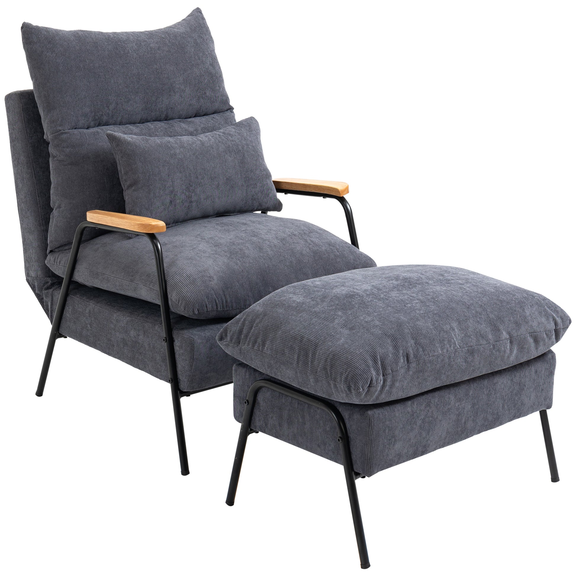 Relax Armchair with Footstool Chair with Adjustable Backrest, Reclining Function, Cushion, Modern Lounge Chair Upholstered with Cord Fabric for Living Room Up to 180 kg Load Capacity, Gray