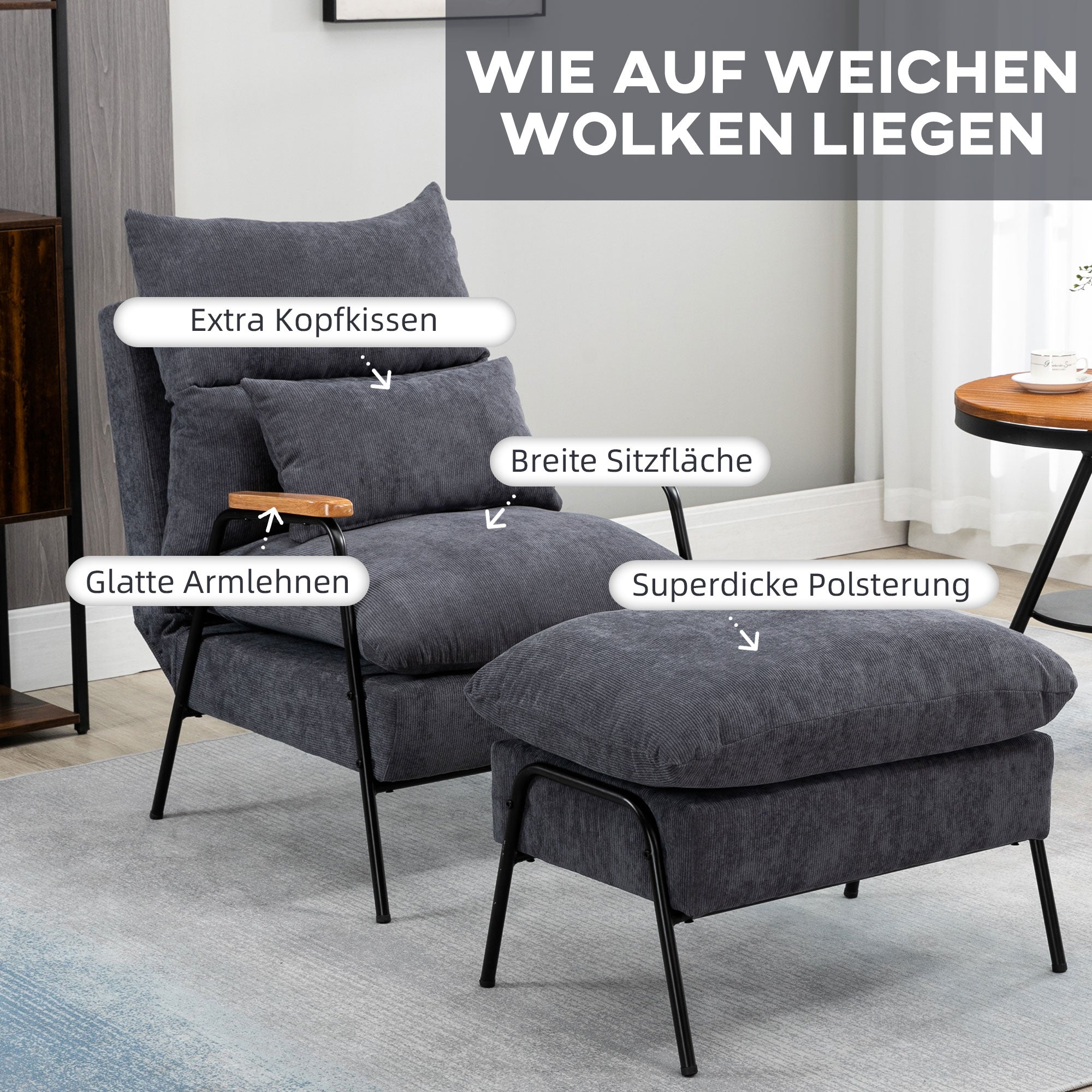 Relax Armchair with Footstool Chair with Adjustable Backrest, Reclining Function, Cushion, Modern Lounge Chair Upholstered with Cord Fabric for Living Room Up to 180 kg Load Capacity, Gray