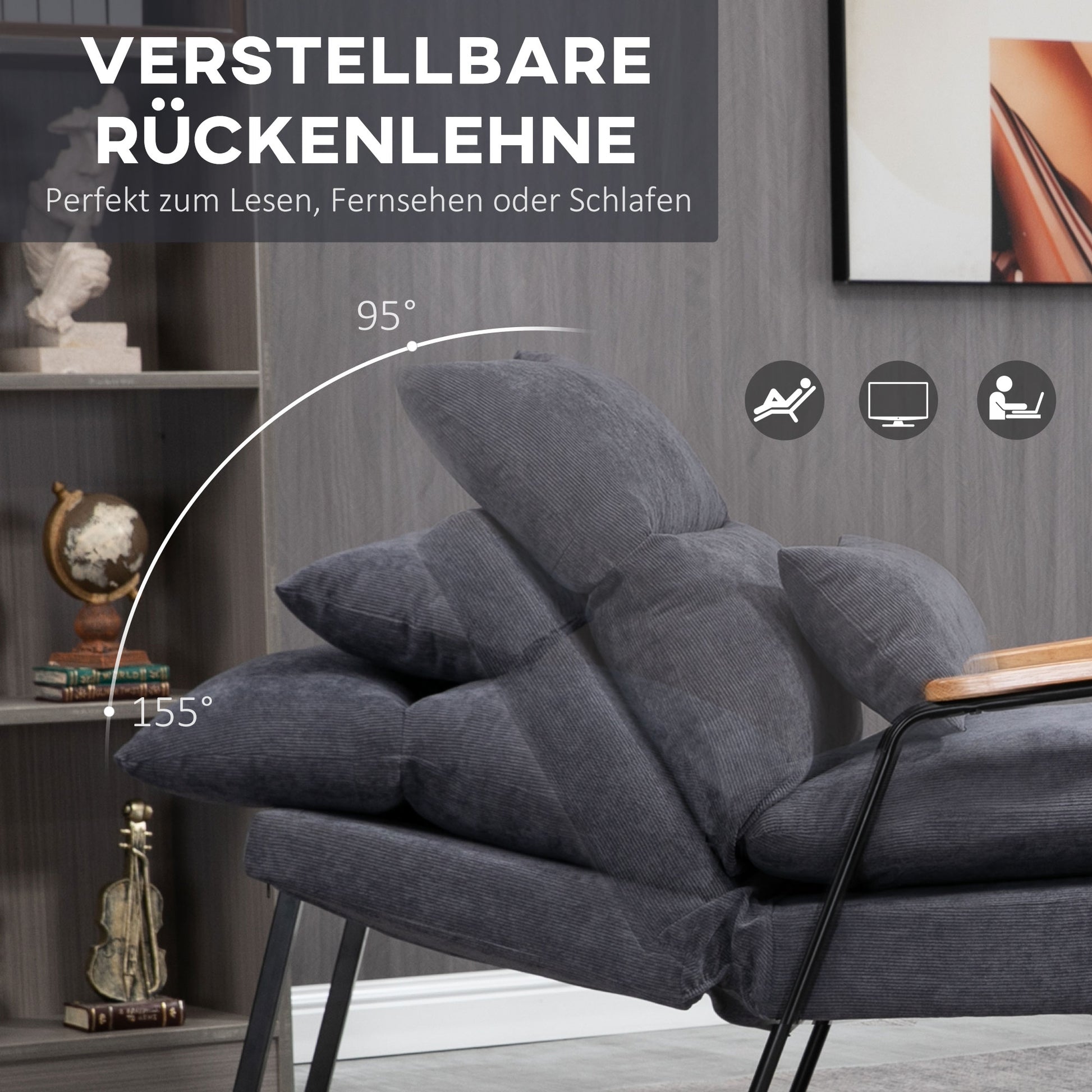 Relax Armchair with Footstool Chair with Adjustable Backrest, Reclining Function, Cushion, Modern Lounge Chair Upholstered with Cord Fabric for Living Room Up to 180 kg Load Capacity, Gray