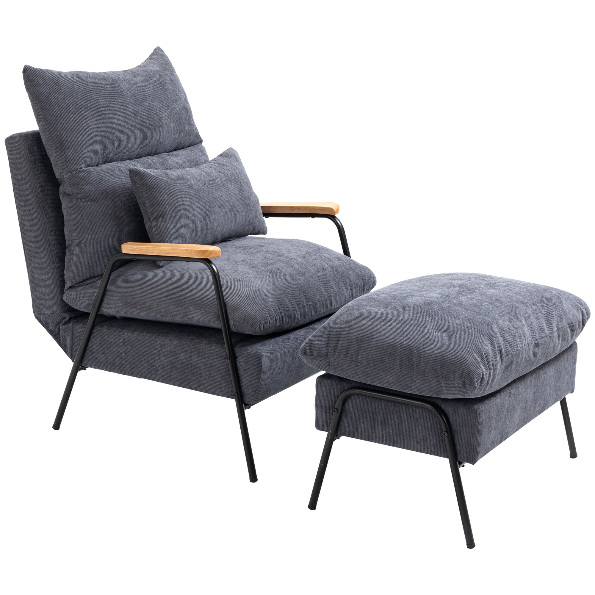 Relax Armchair with Footstool Chair with Adjustable Backrest, Reclining Function, Cushion, Modern Lounge Chair Upholstered with Cord Fabric for Living Room Up to 180 kg Load Capacity, Gray