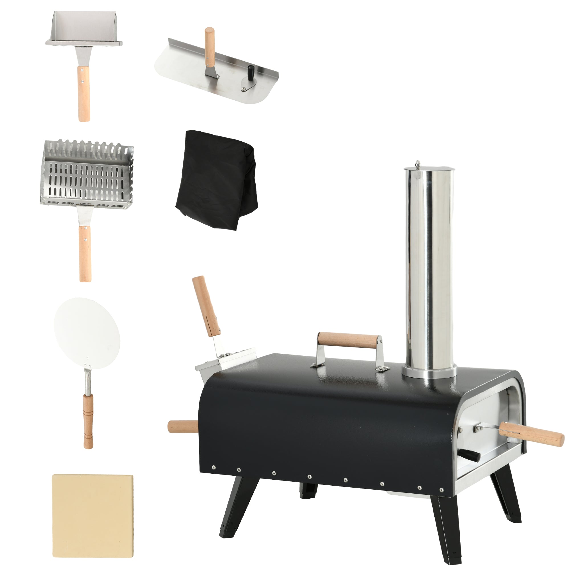 2-in-1 Wood Fired Pizza Oven with Pizza Stone, Pizza Peel, Pizza Paddle, Foldable Grill for Outdoor BBQ Steel Black