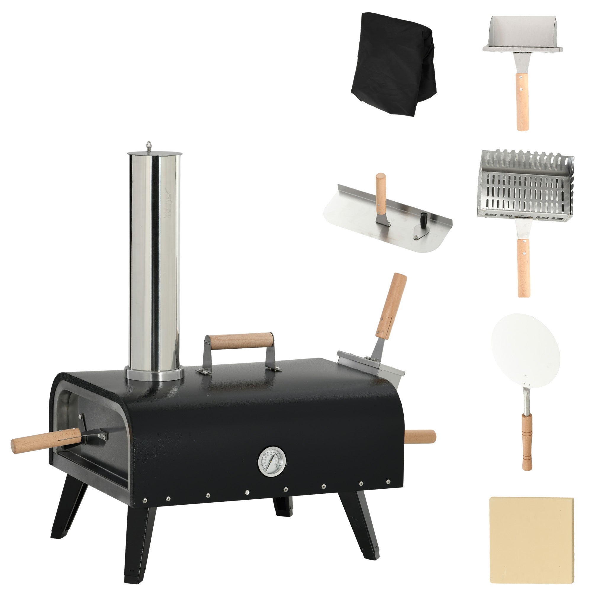 2-in-1 Wood Fired Pizza Oven with Pizza Stone, Pizza Peel, Pizza Paddle, Foldable Grill for Outdoor BBQ Steel Black