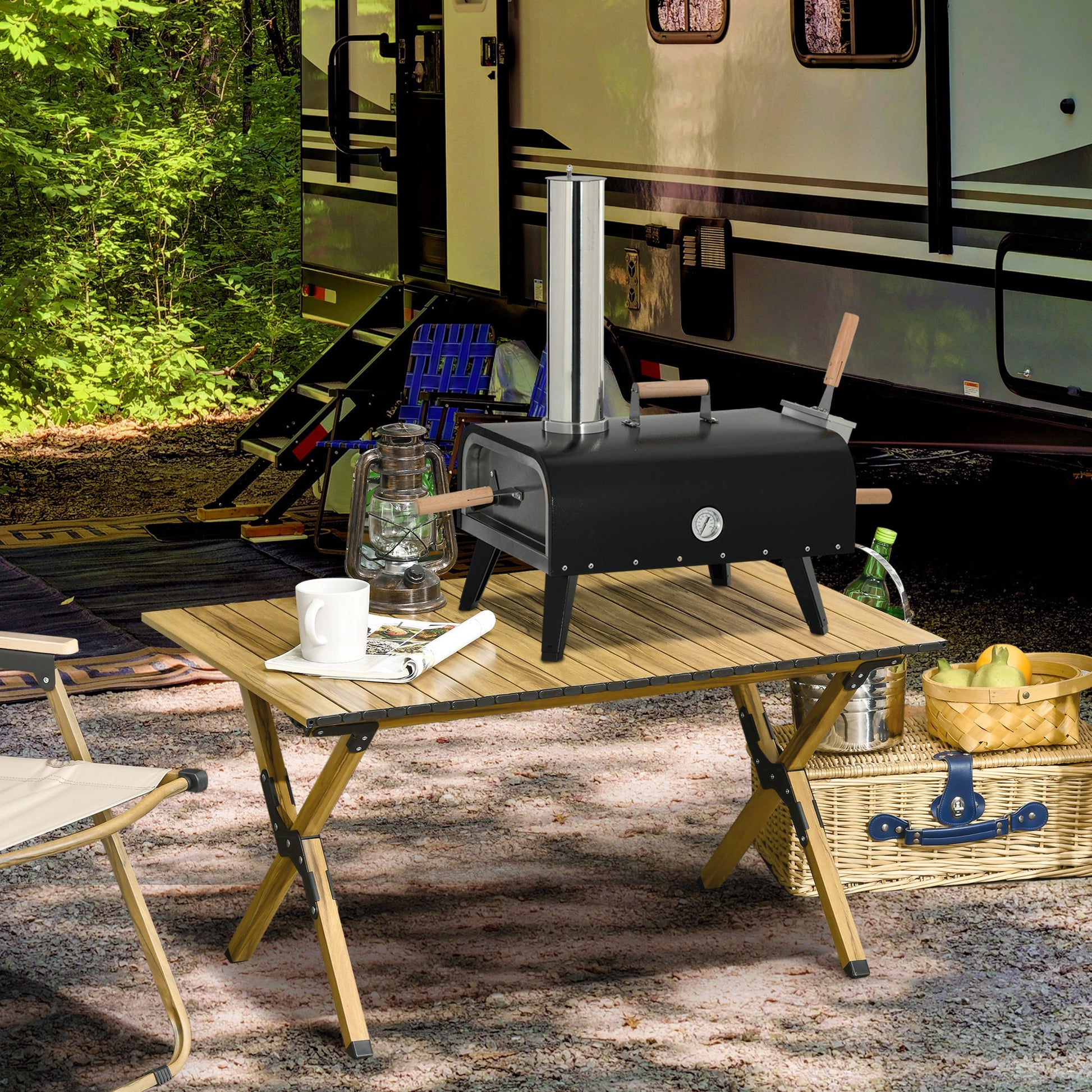 2-in-1 Wood Fired Pizza Oven with Pizza Stone, Pizza Peel, Pizza Paddle, Foldable Grill for Outdoor BBQ Steel Black