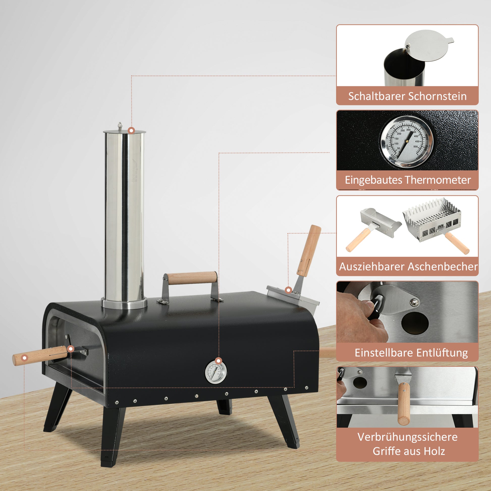 2-in-1 Wood Fired Pizza Oven with Pizza Stone, Pizza Peel, Pizza Paddle, Foldable Grill for Outdoor BBQ Steel Black