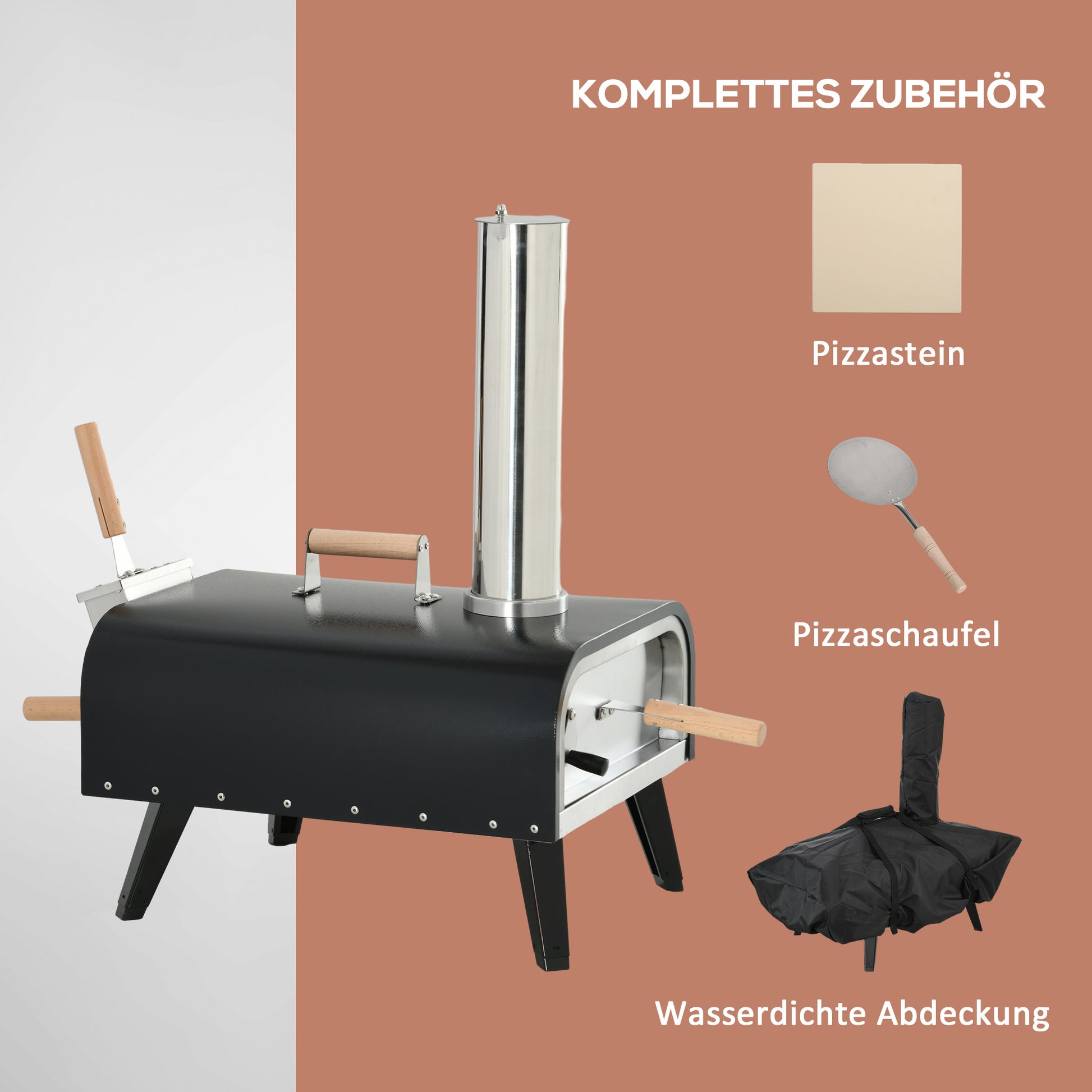 2-in-1 Wood Fired Pizza Oven with Pizza Stone, Pizza Peel, Pizza Paddle, Foldable Grill for Outdoor BBQ Steel Black