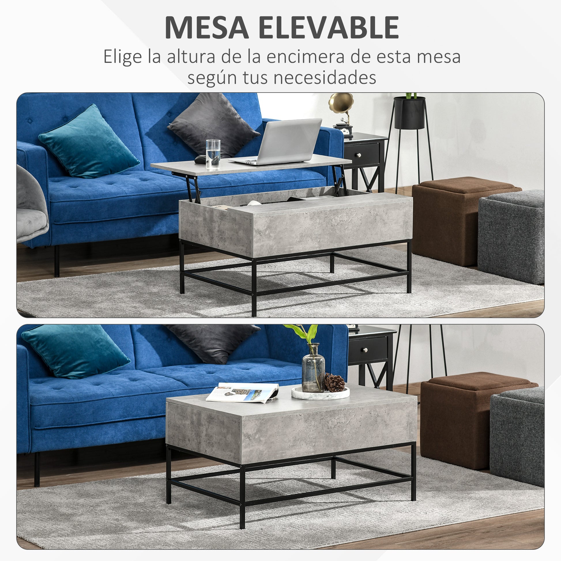 Lift-Top Coffee Table Coffee Table with Hidden Storage Space Lift-Top Table for Living Room Dining Room 90x60.5x45.5 cm Gray Cement