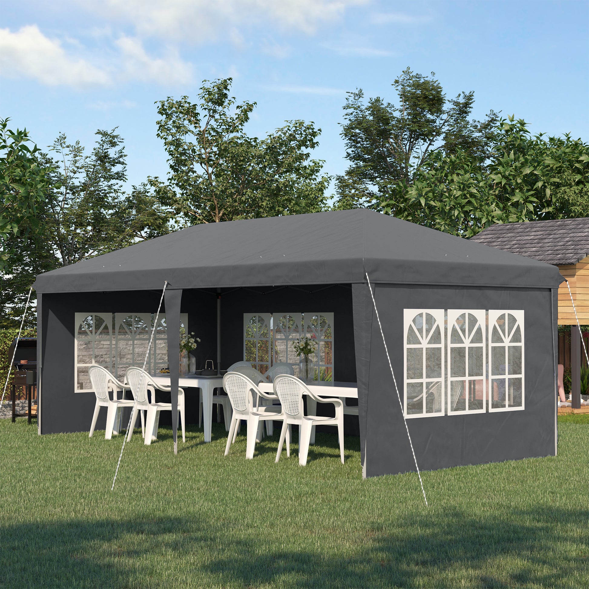 Outdoor Garden Pop-Up Folding Gazebo - Event Tent - 3 x 6 m - Marquee Canopy - 3 Removable Sides - Ground Stakes + Carry Bag Included Gray