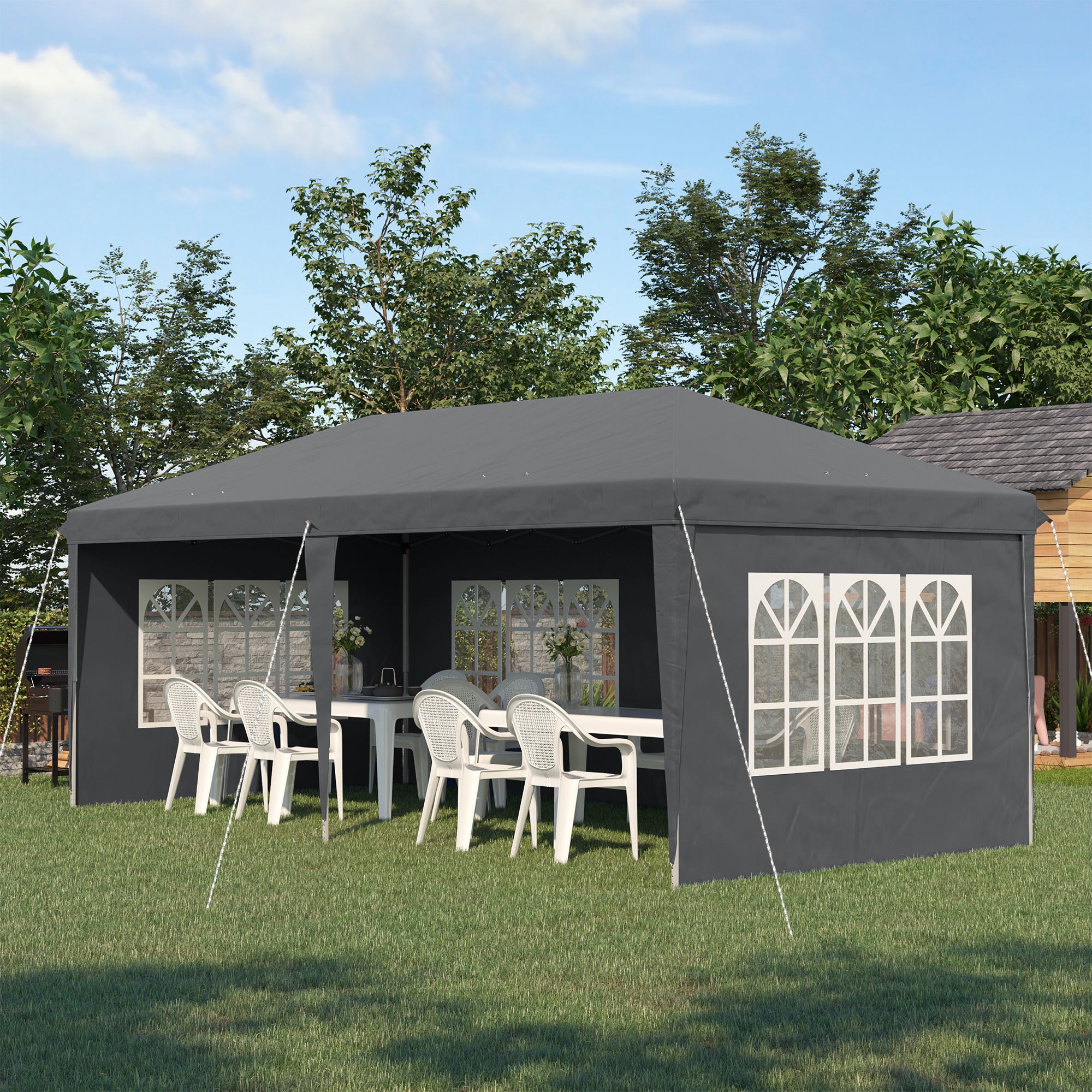 Outdoor Garden Pop-Up Folding Gazebo - Event Tent - 3 x 6 m - Marquee Canopy - 3 Removable Sides - Ground Stakes + Carry Bag Included Gray