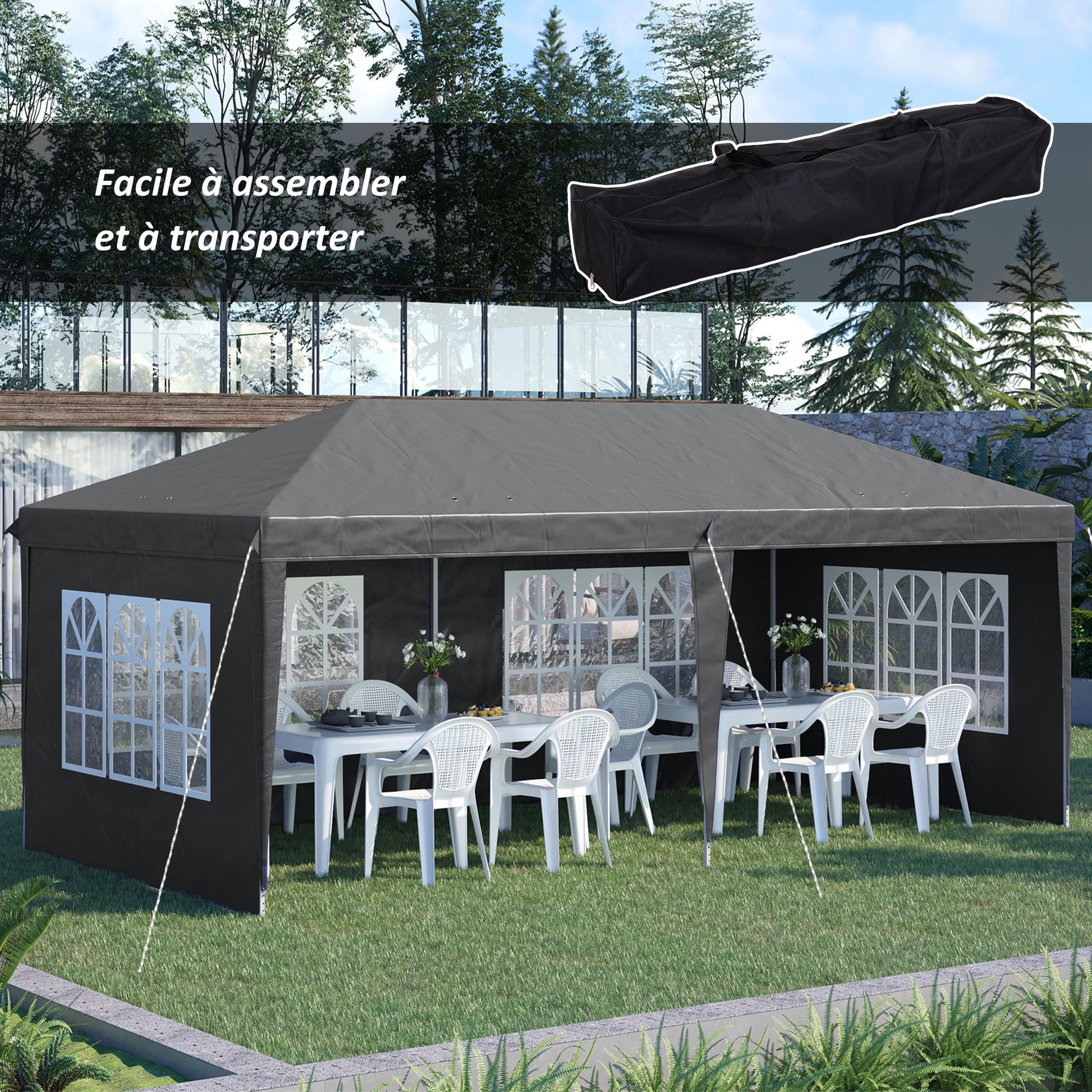 Outdoor Garden Pop-Up Folding Gazebo - Event Tent - 3 x 6 m - Marquee Canopy - 3 Removable Sides - Ground Stakes + Carry Bag Included Gray