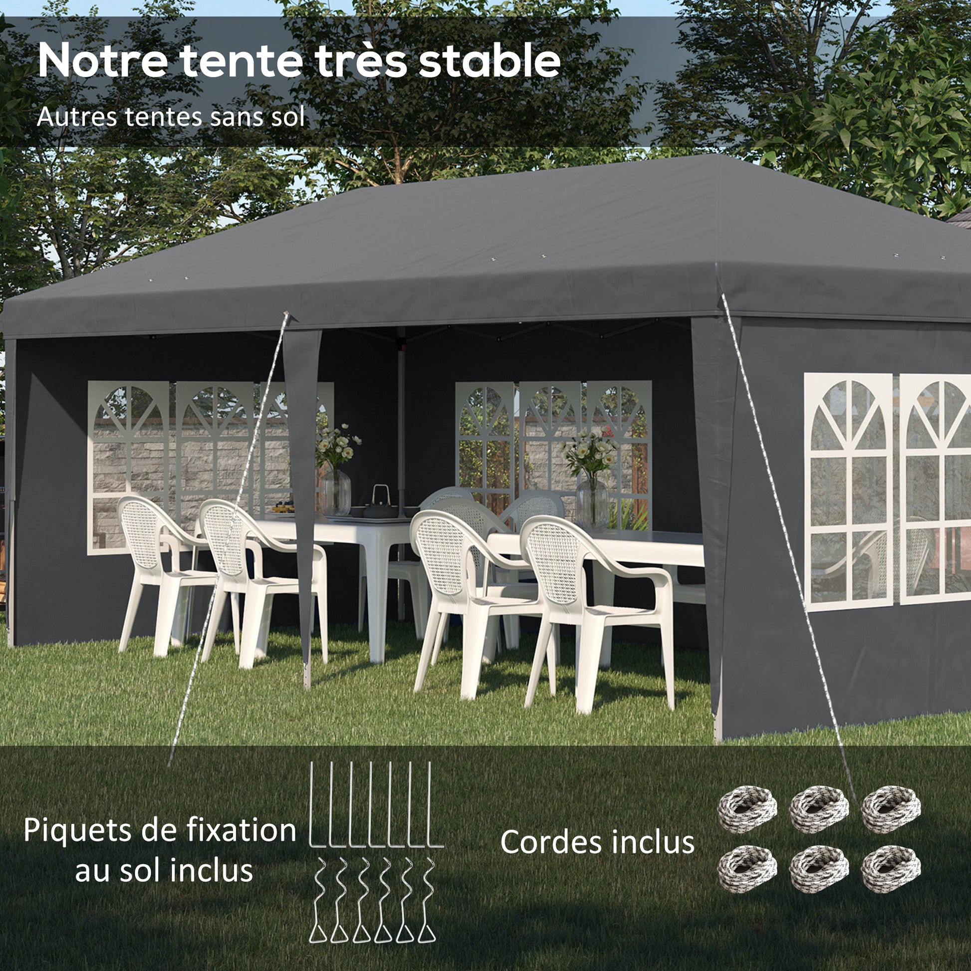Outdoor Garden Pop-Up Folding Gazebo - Event Tent - 3 x 6 m - Marquee Canopy - 3 Removable Sides - Ground Stakes + Carry Bag Included Gray